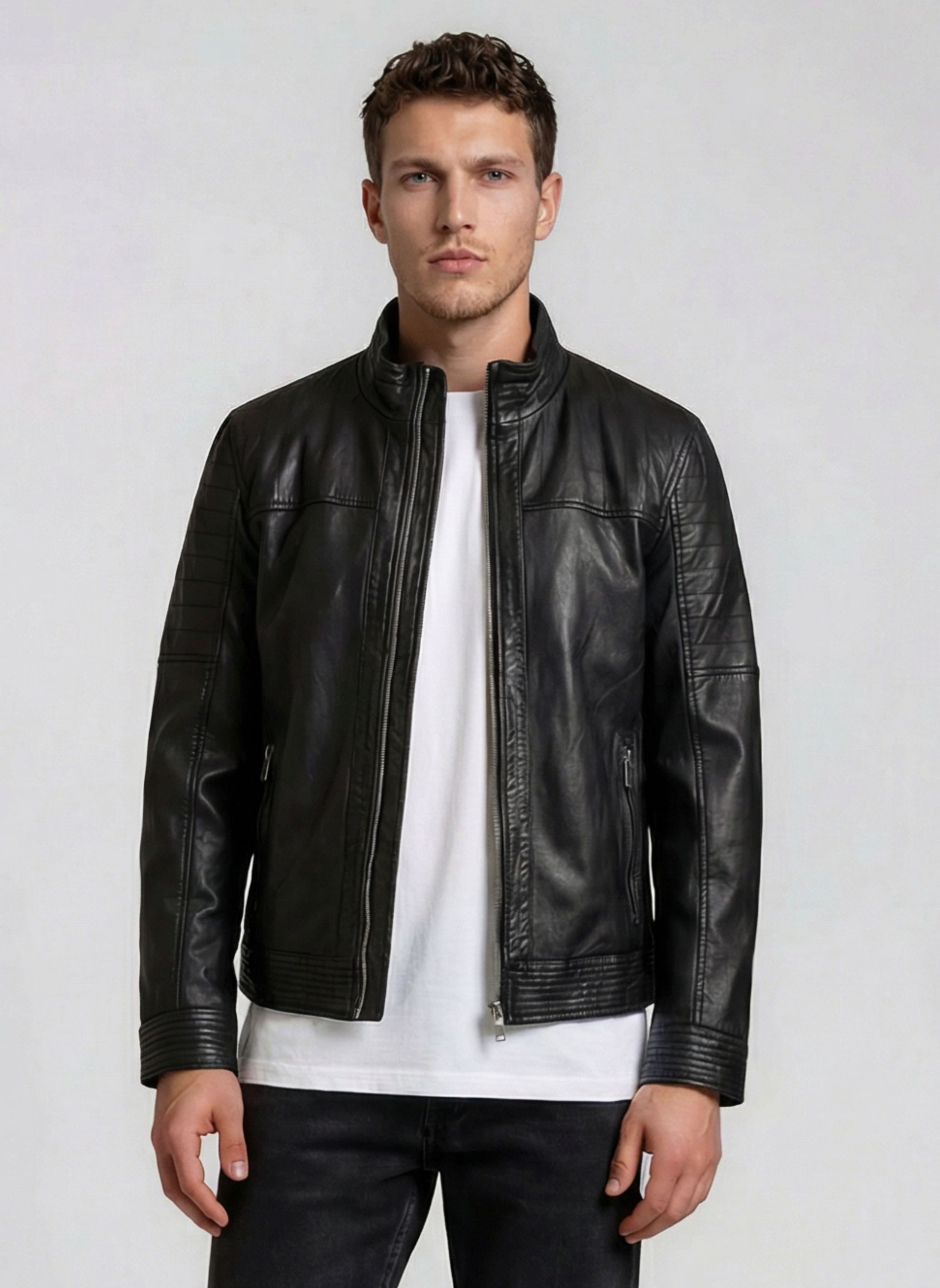 trueprodigy Lederjacke Jarno Klassischer Stehkragen und gesteppte Ärmeldetails