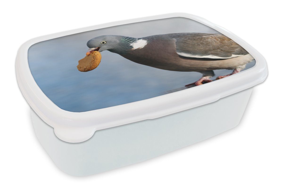 MuchoWow Lunchbox Eine verschmitzte Taube mit einem Keks im Mund, Kunststoff, (2-tlg), Brotbox für Kinder und Erwachsene, Brotdose, für Jungs und Mädchen weiß