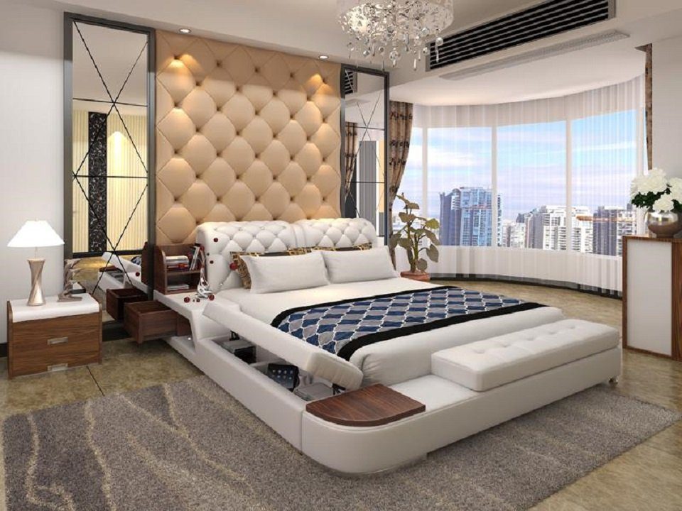 JVmoebel Bett Weiß Design Doppelbett Chesterfield Polster Multifunktion Bett Luxus