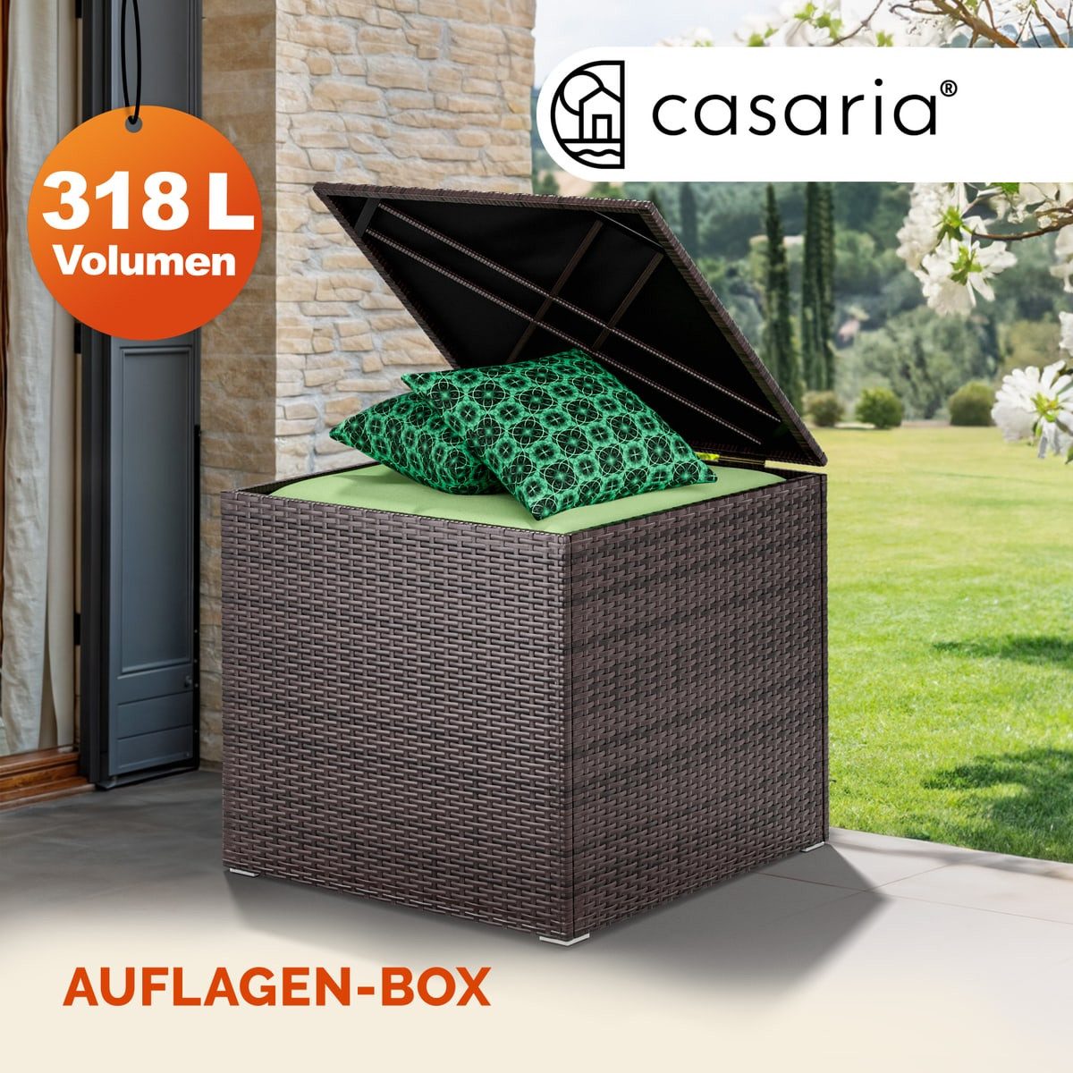 Casaria Auflagenbox, 318 L mit Deckel 75x75x70cm Wasserdicht Gasdruckfeder Garten