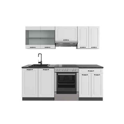 Livinity® Küchenzeile R-Line, Weiß Landhaus/Anthrazit, 200 cm, AP Marmor