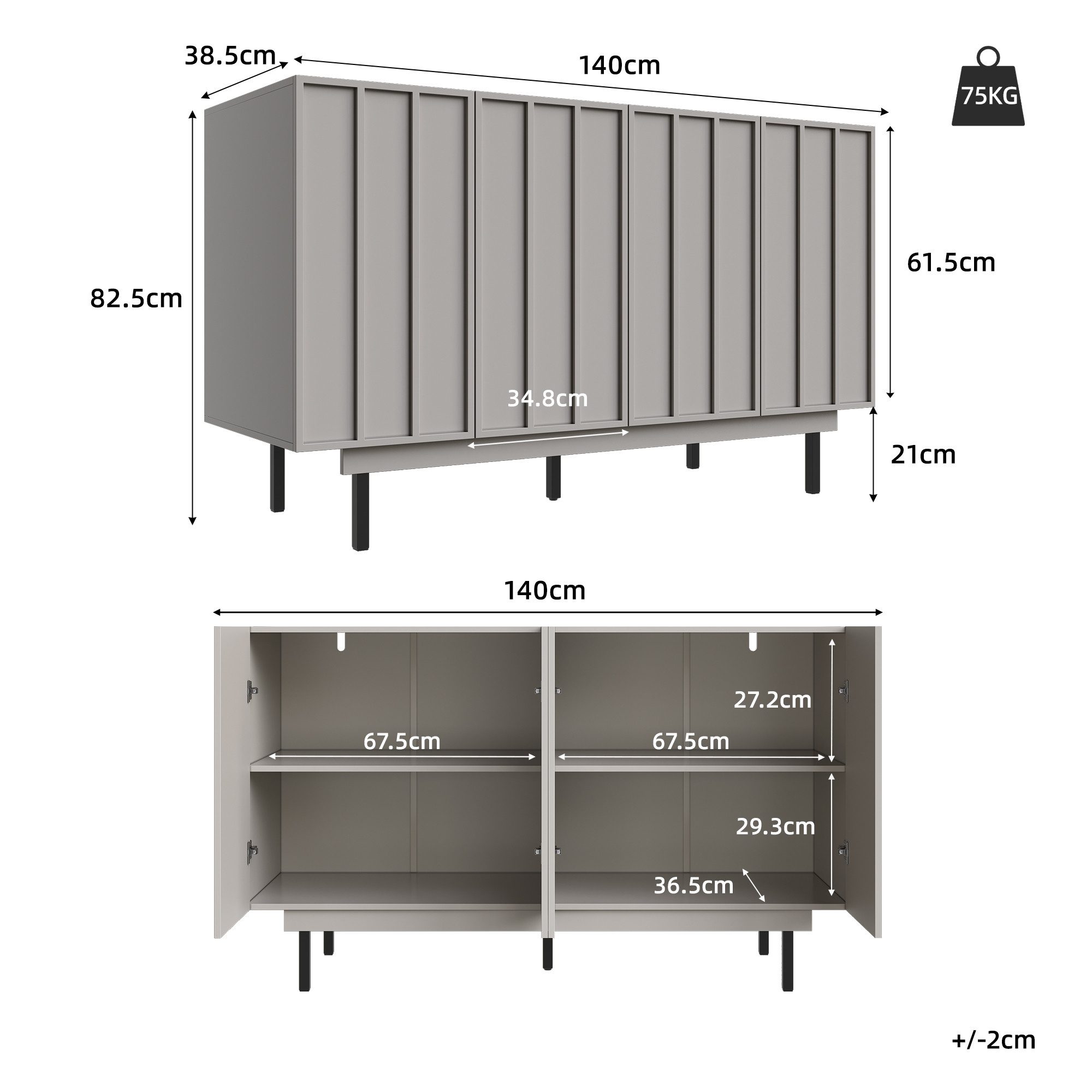 Gdood Sideboard Sideboard mit 4 Türen, Schränke Kommode inkl. vertikaler Gemusterte (1 St., für Esszimmer Schlafzimmer Wohnzimmer Flur, 140x38.5x82.5cm Highboard), Küchenmöbel, mit Metall beinen, Anti-Kipp Schutz