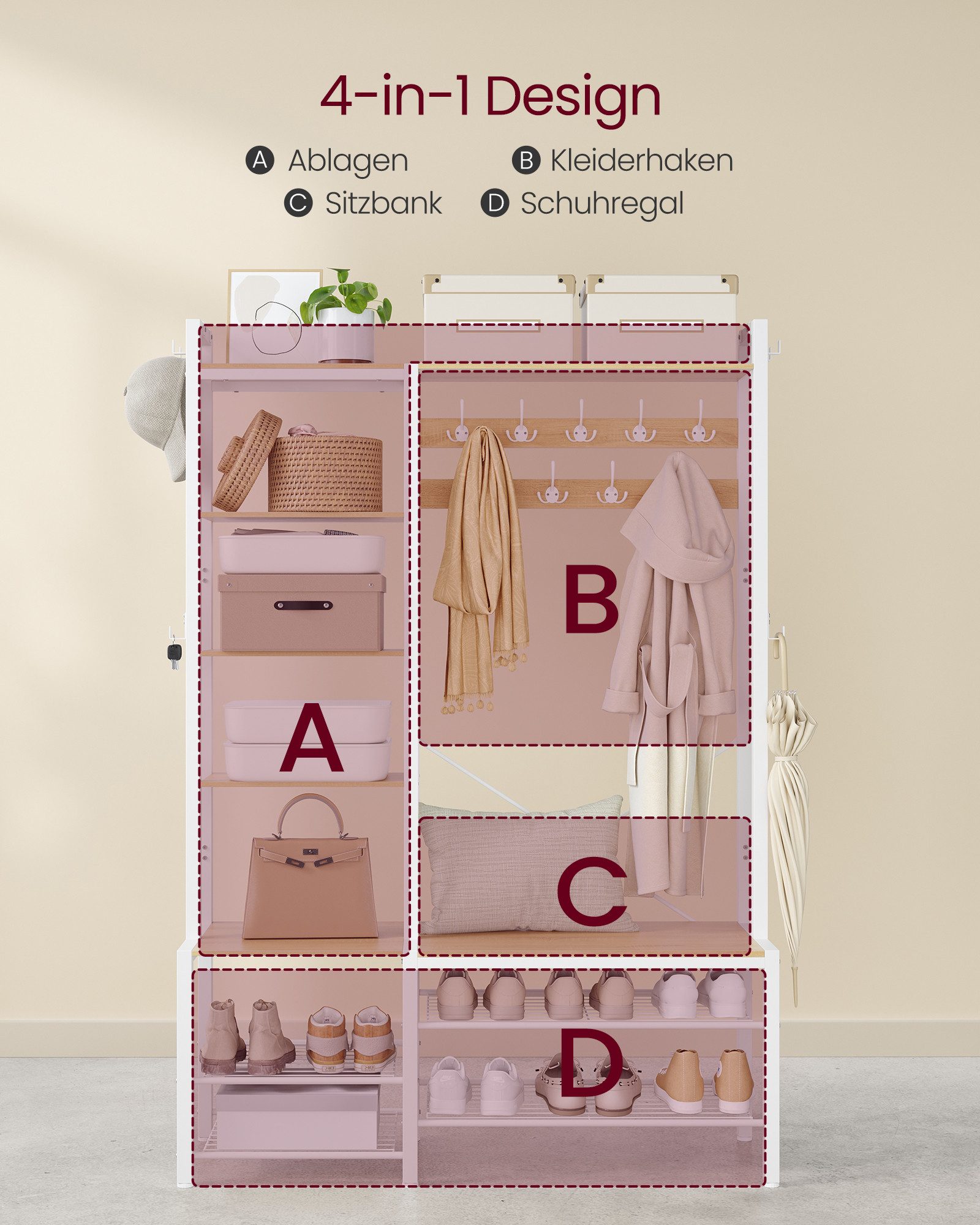 VASAGLE Garderobenständer Garderobe, Garderobenständer mit Schuhbank, 5 Regalebenen aus Spanplatten