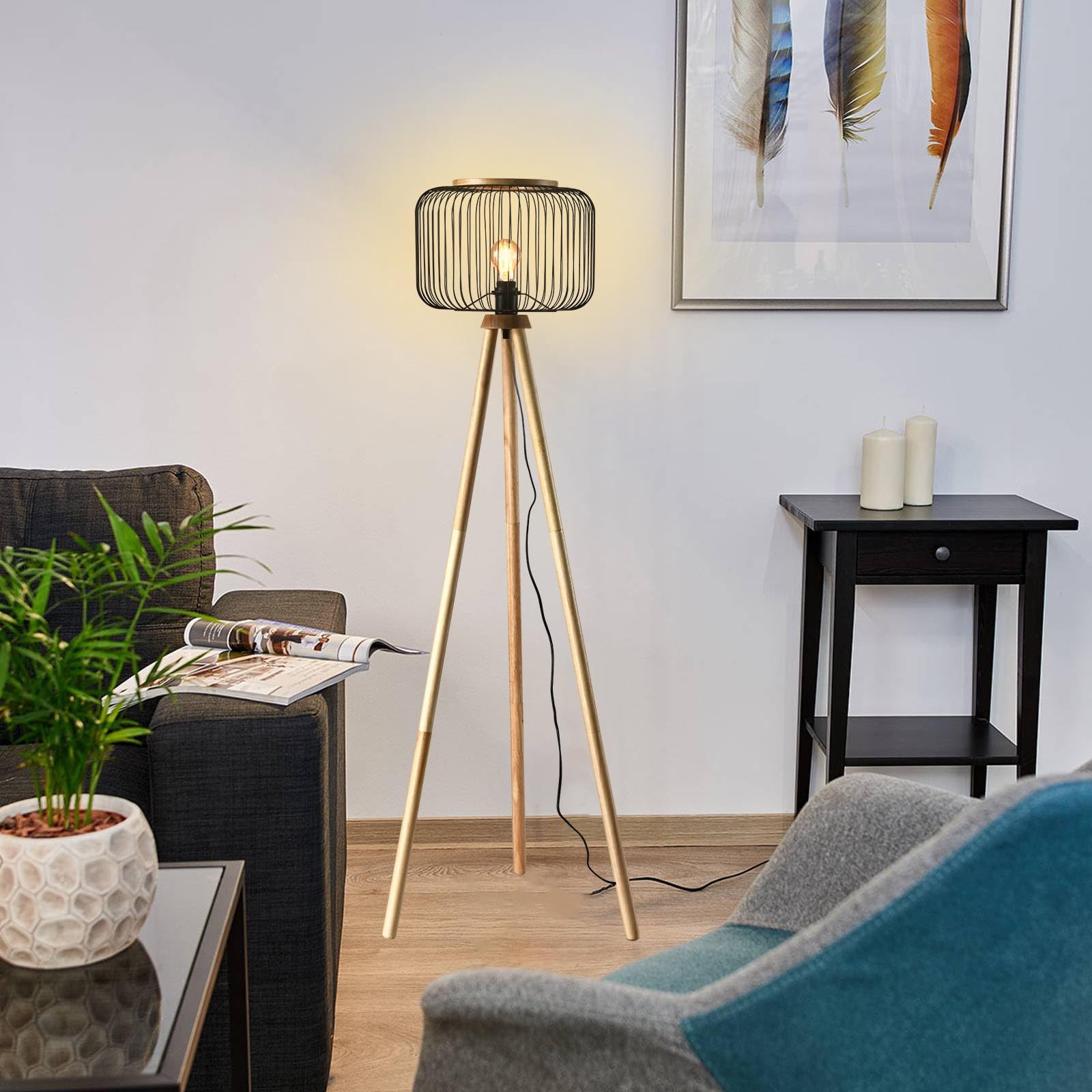 LQWELL Stehlampe Bodenleuchte,1 Flammig Modern Standleuchten, ohne Leuchtmittel, Stehleuchte Art Deco Holz Dreibein H140CM, für Restaurants, Wohnzimmer, Schlafzimmer, Büros, Cafés