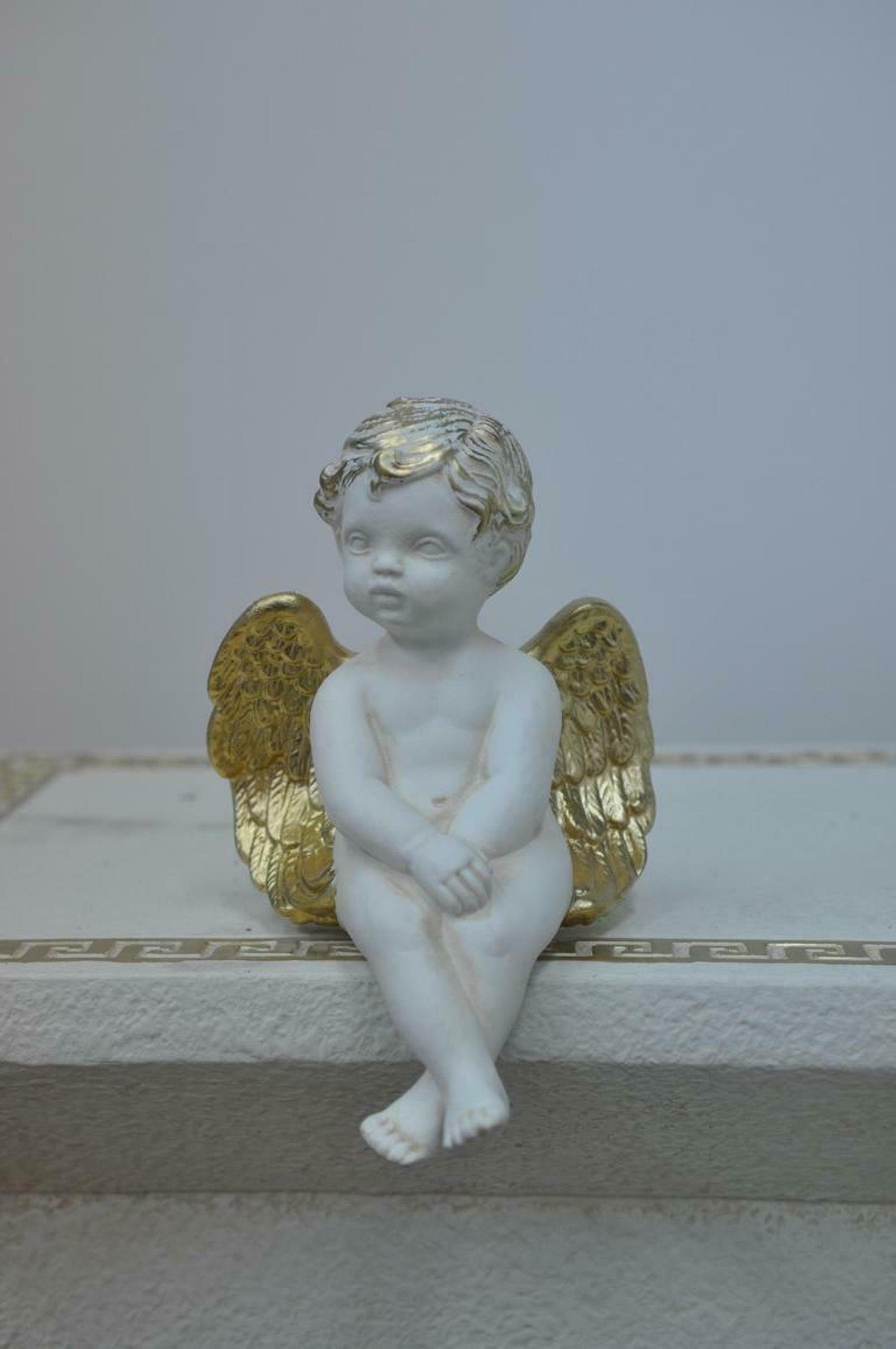 Engel Design Neu Figur JVmoebel Sitzender Skulptur P0646 Weiß Skulptur Gold 14cm Accessoire