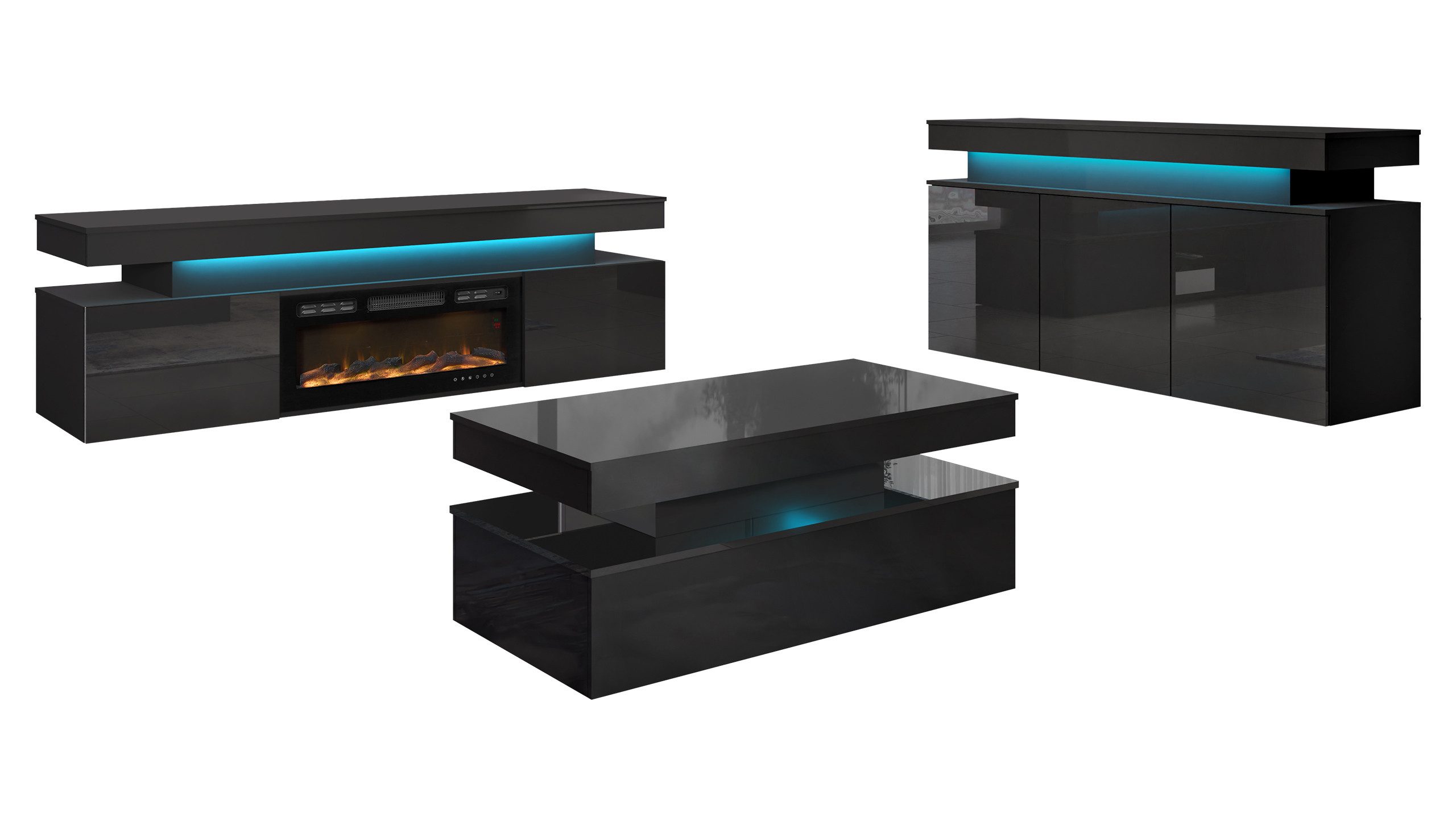 MIRJAN24 Wohnzimmer-Set Glossa II, (3er-Set, Kommode, TV-Lowboard mit Kamin, Couchtisch), mit blauer LED-Beleuchtung