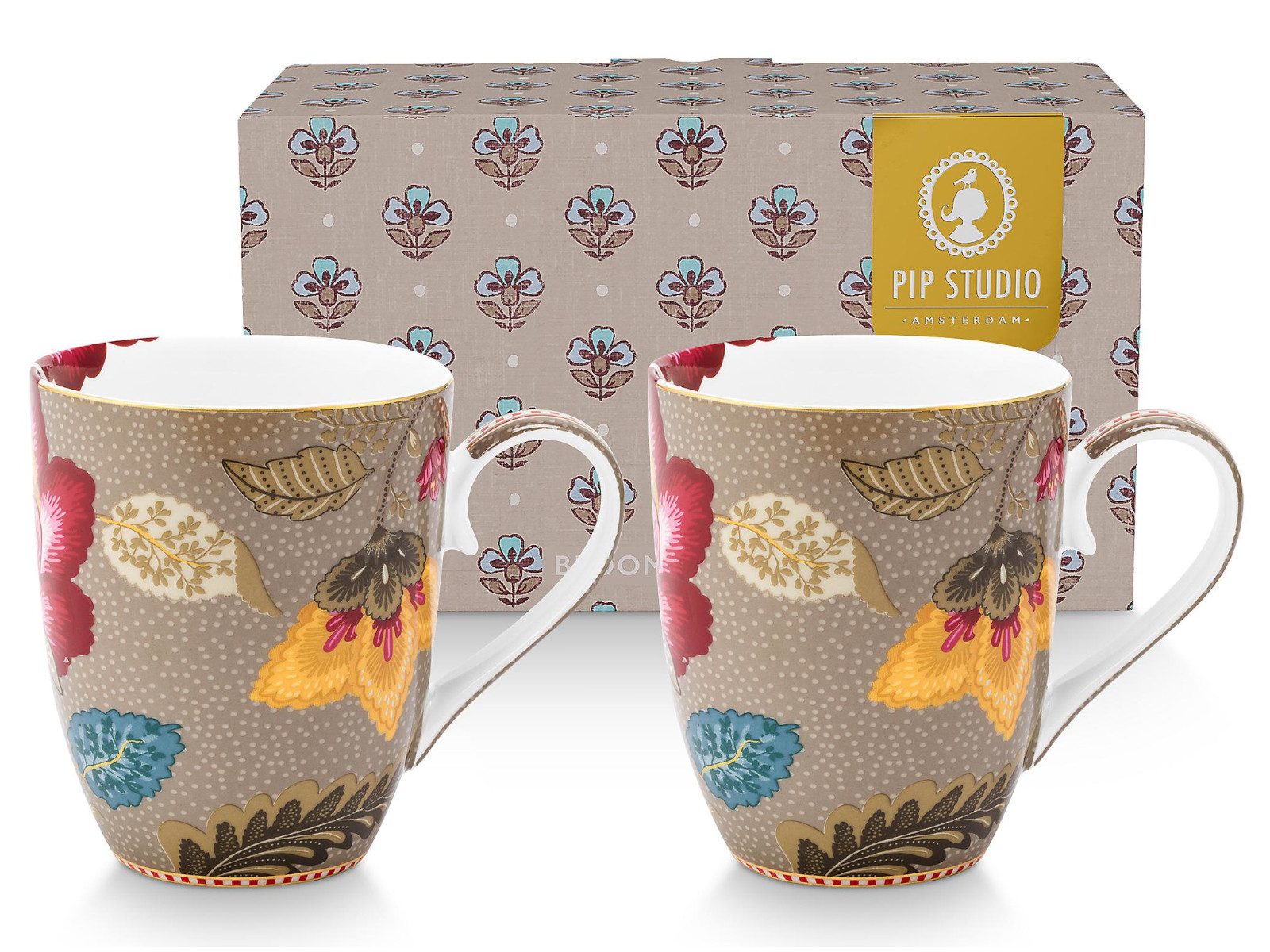 PiP Studio Becher Blooming Tales Fantasy Khaki Large Henkelbecher 0,365l Set2, Porzellan