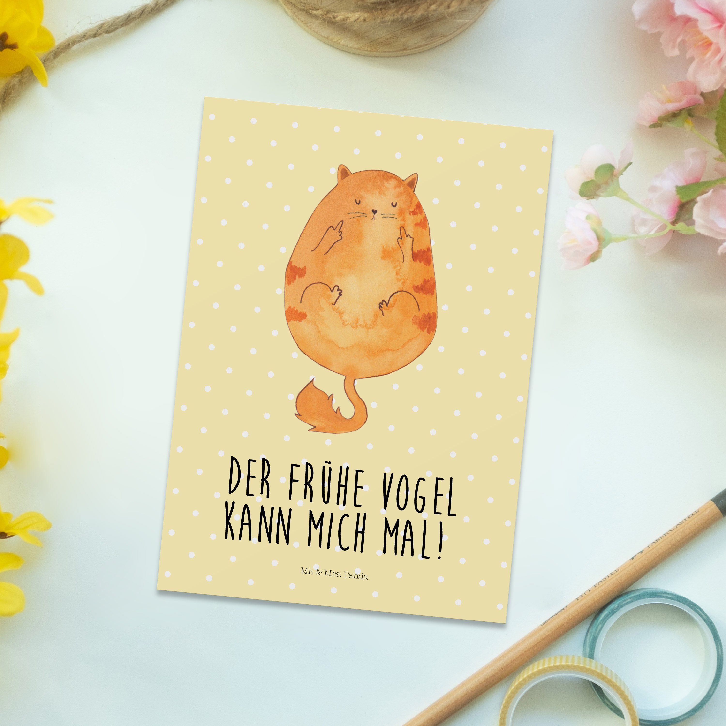 Frühaufsteher Katze Mr. Pastell - lustig, Postkarte Panda & Geschenk, Mrs. - Morgenmuffel Gelb
