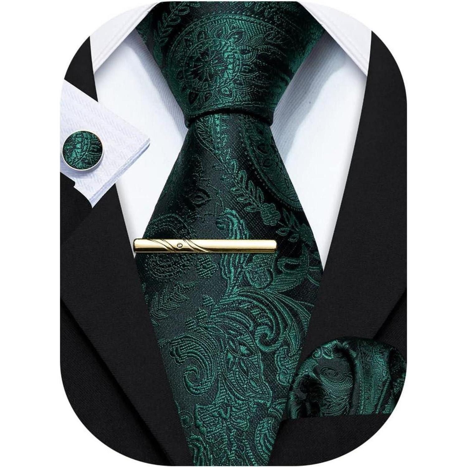 LuxusKollektion Krawatte Krawatte Herren Satin Paisley Einstecktuch Hochzeit Dunkelgrün Green