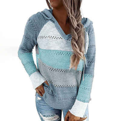 ZWY Hoodie Damen Color Block Lace Hoodies Streifen Pullover Langarm Tops Loose Pullover Drawstring Hoodie Casual Knit Sweater Tops