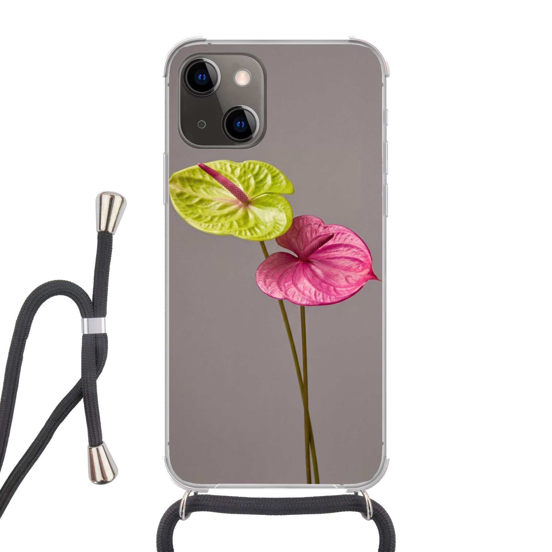 MuchoWow Handyhülle für Apple iPhone 13 Mini Pflanzen - Anthurium - Grün - Rosa, Tragbare Handyhüllen mit Kette zum umhängen, Handykette Handyband