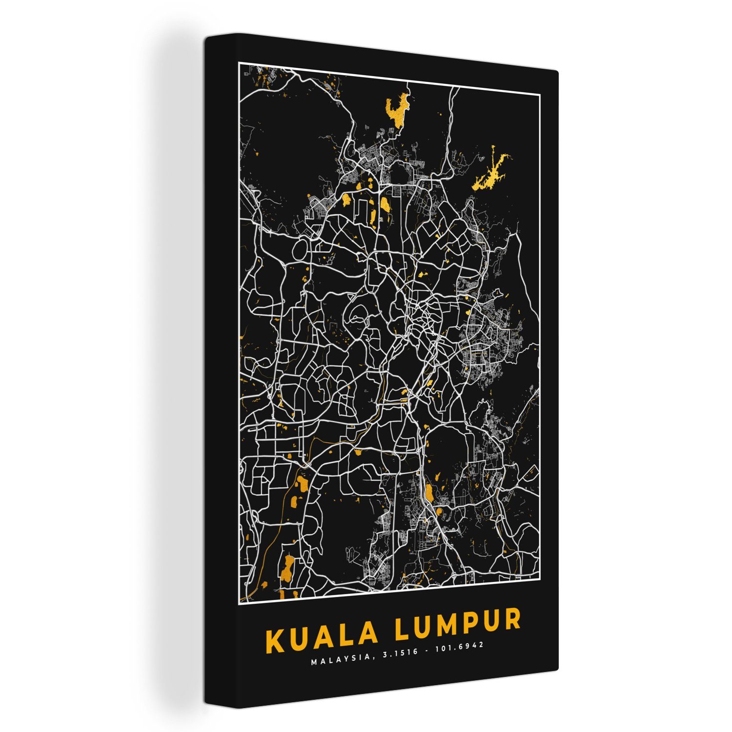 OneMillionCanvasses® Leinwandbild Kuala Lumpur - Stadtplan - Gold - Karte, (1 St), Leinwandbild fertig bespannt inkl. Zackenaufhänger, Gemälde, 20x30 cm