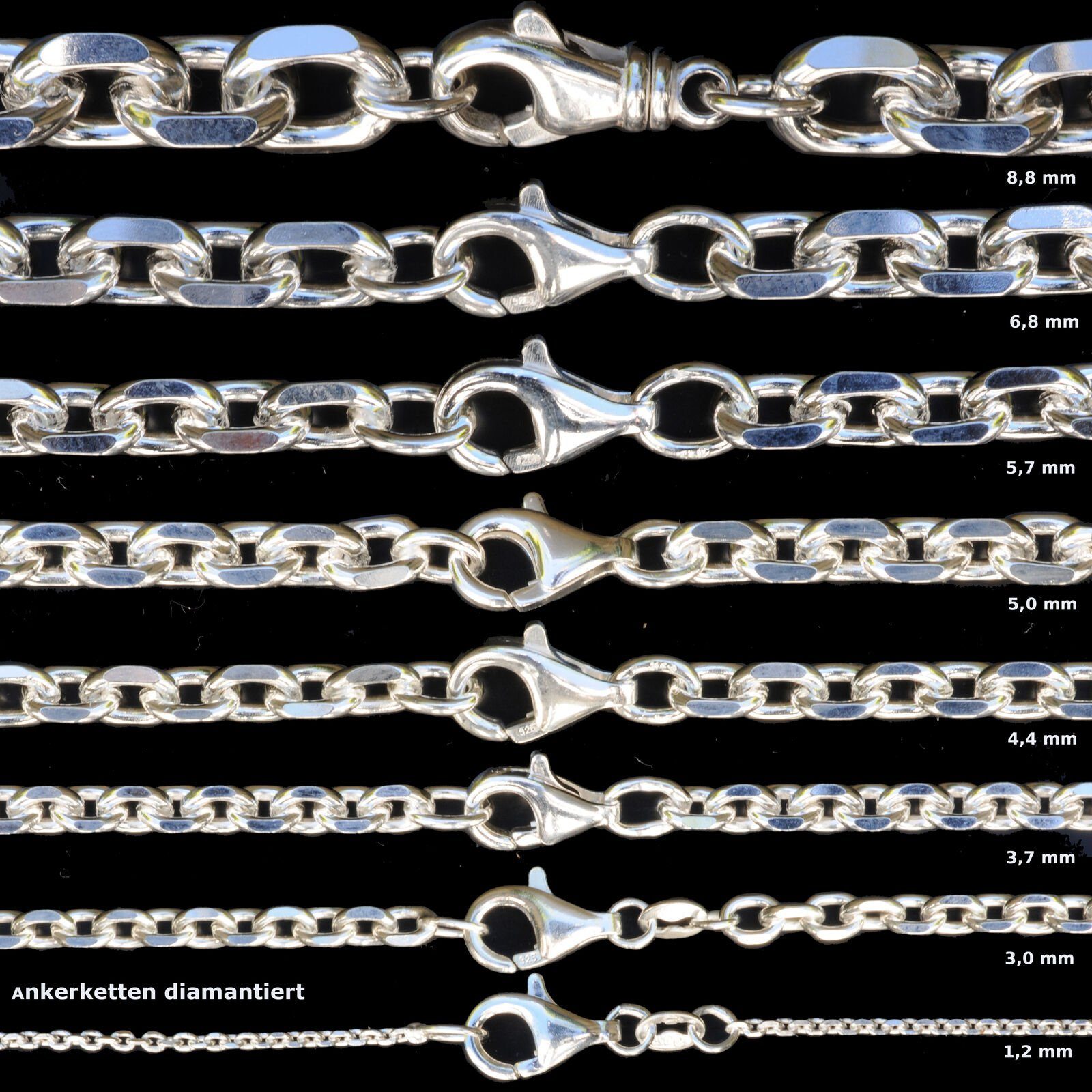 HOPLO Silberkette Ankerkette diamantiert Länge 70cm - Breite 3,7mm - 925 Silber, Made in Germany