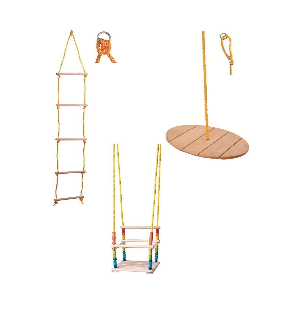 Woodyland Lernspielzeug 3er Set Kletterleiter, Schaukel und Monkey Sitz. Naturholz