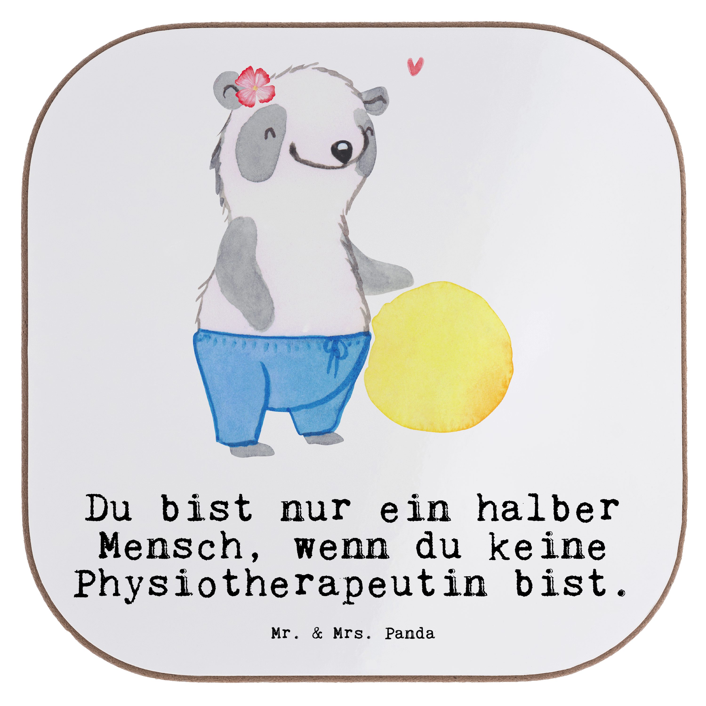 Mr. & Mrs. Panda Getränkeuntersetzer Physiotherapeutin mit Herz - Weiß - Geschenk, Bierdeckel, Untersetzer, 1-tlg.