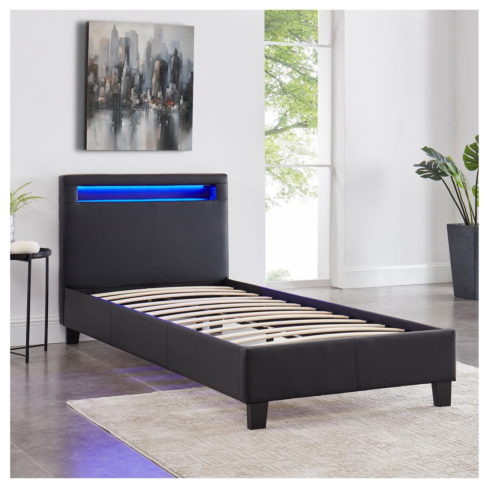 CARO-Möbel Polsterbett MANDALAY, LED Bett 90x200 cm Einzelbett Lattenrost und Kunstlederbezug Schwarz
