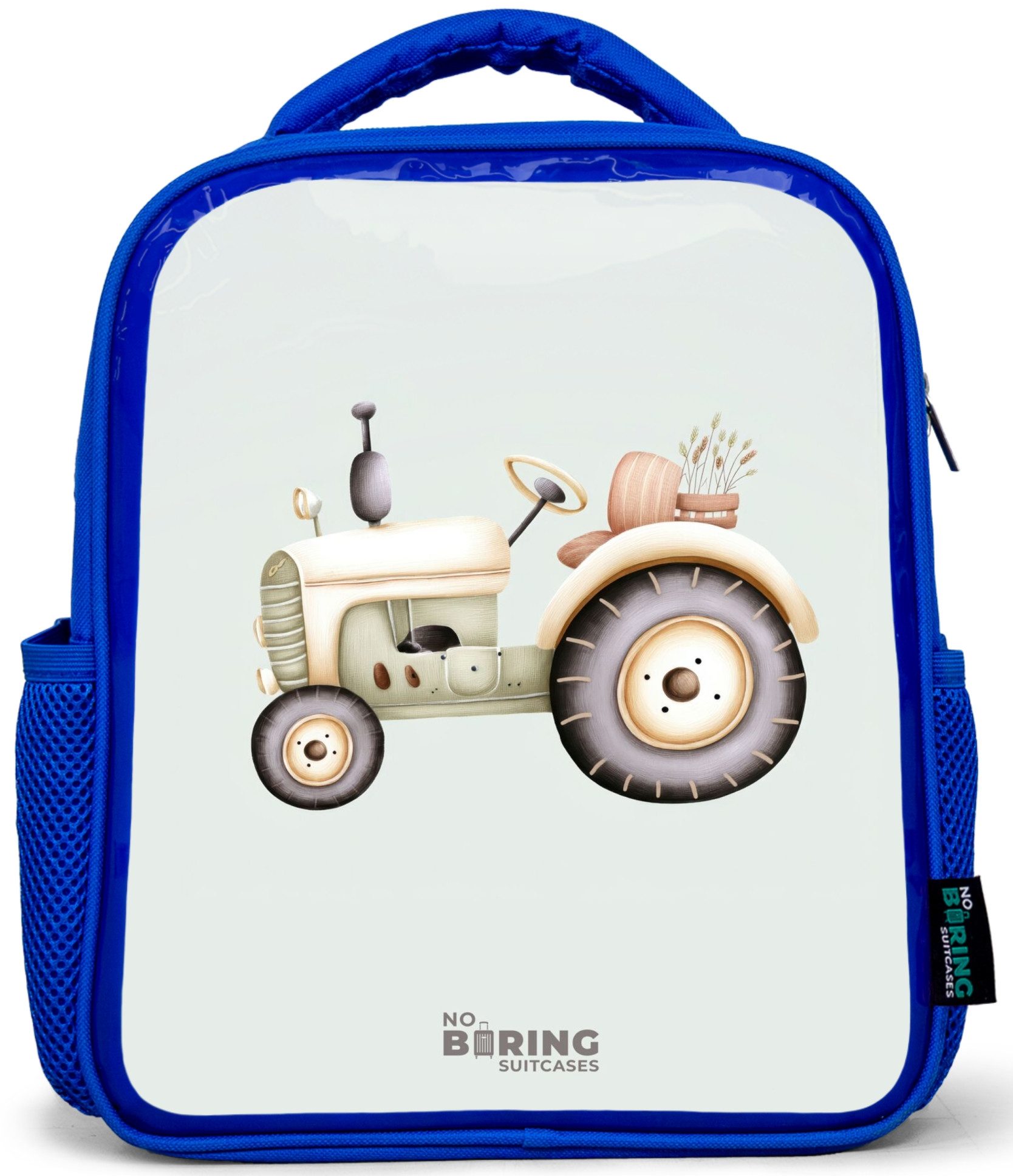 Rucksack Blau - Beigefarbener Oldtimer-Traktor in Pastellgrün