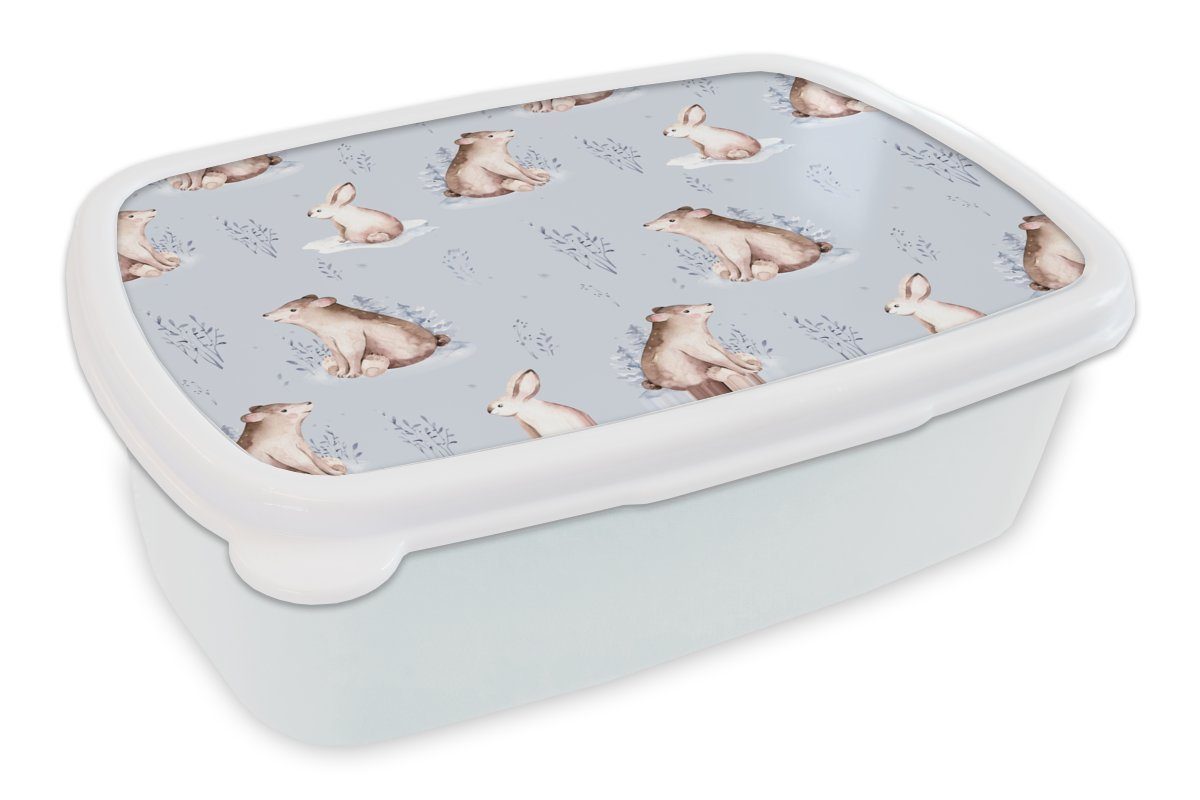 MuchoWow Lunchbox Winter - Muster - Hase - Bär, Kunststoff, (2-tlg), Brotbox für Kinder und Erwachsene, Brotdose, für Jungs und Mädchen weiß