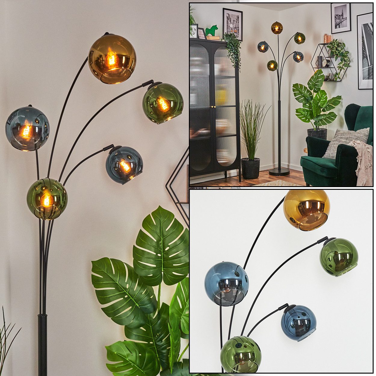 hofstein Stehlampe Stehlampe aus Metall/Glas in Schwarz/Blau/Grün/Gold, ohne Leuchtmittel, verstellbare Stehleuchte im Vintage-Design, Fußschalter, 160 cm, 5xE14