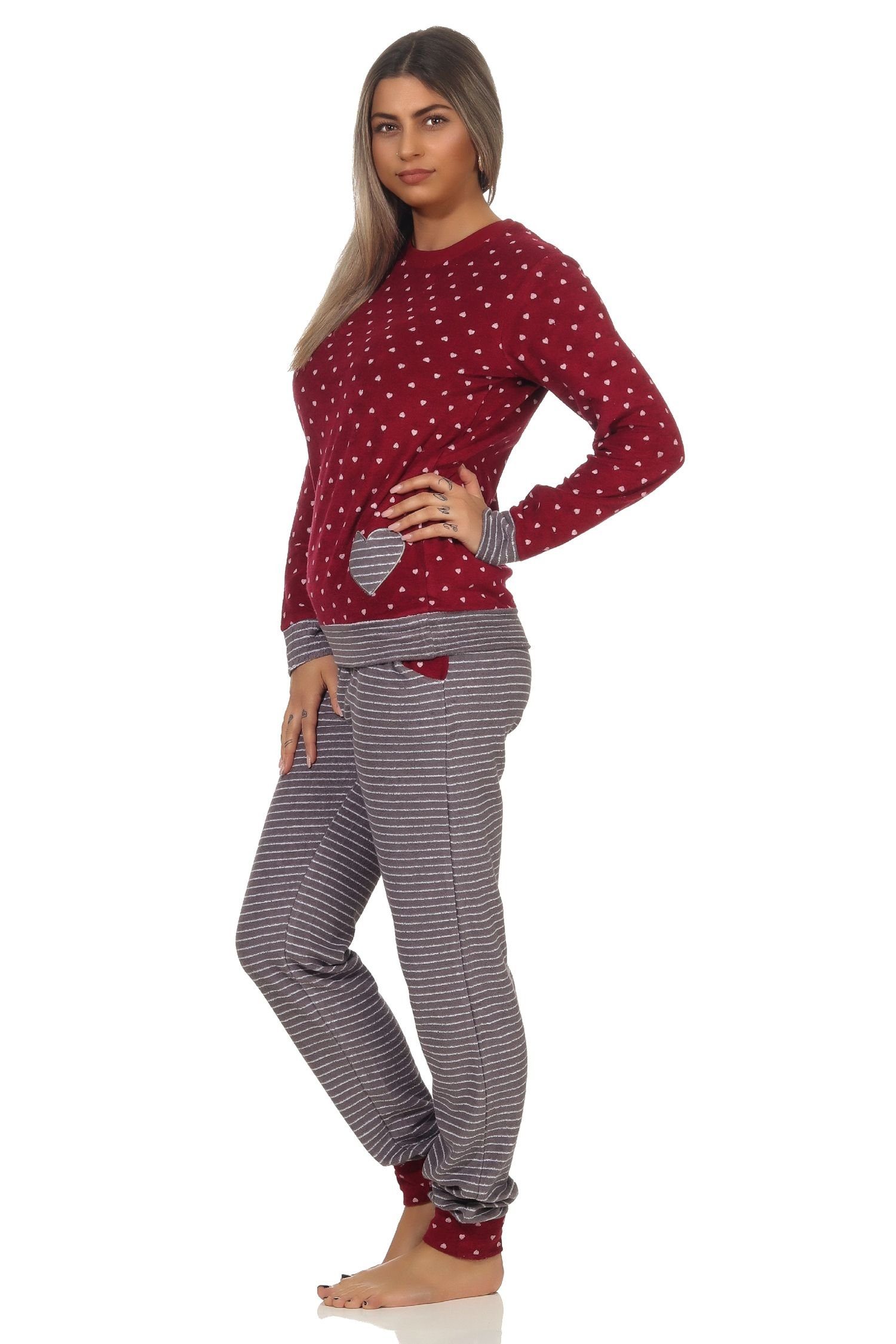 Normann Pyjama Damen Frottee Pyjama mit Bündchen im Herz Tupfen- und Ringeldesign – Bild 2 von 5