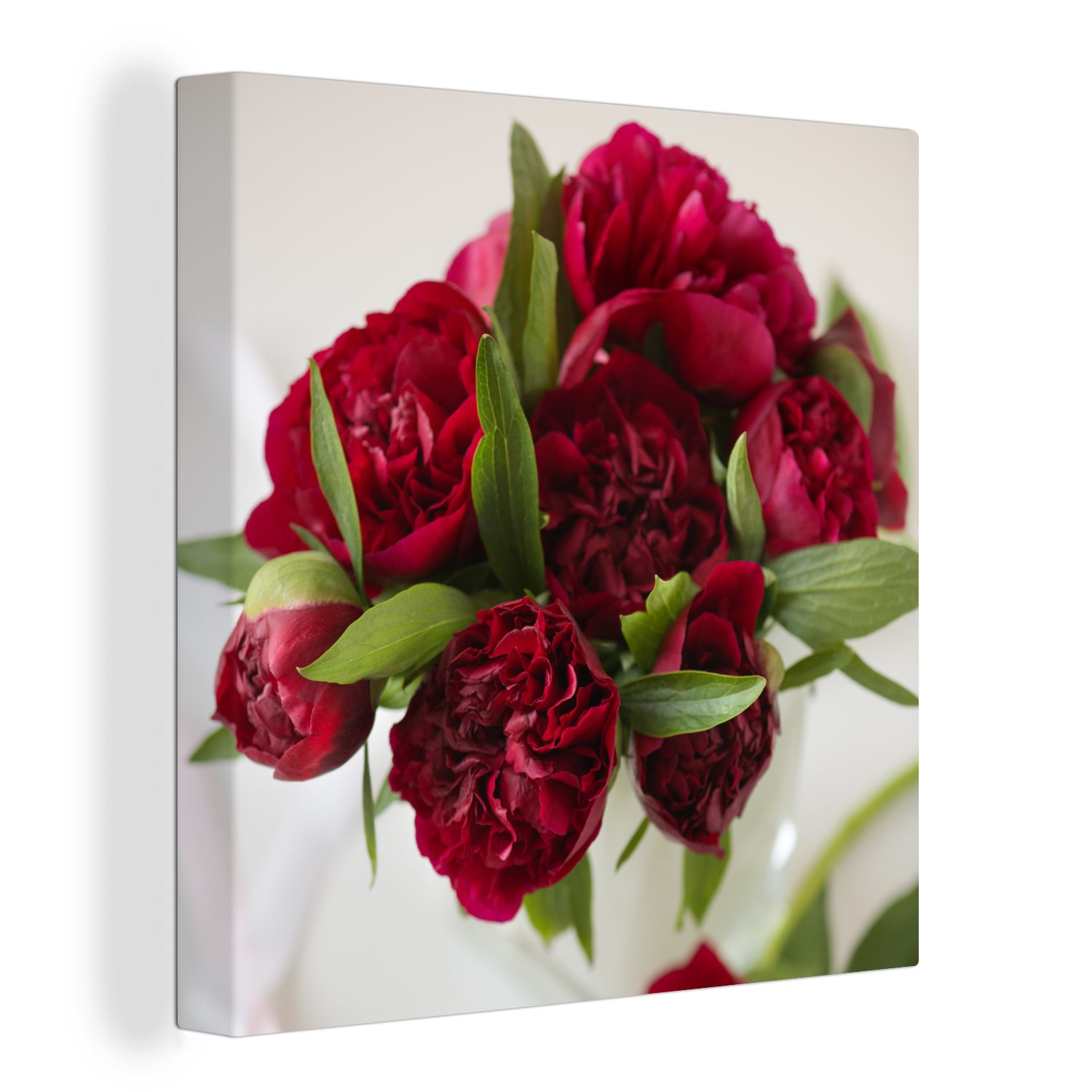 OneMillionCanvasses® Leinwandbild Ein Strauß roter Pfingstrosen in einer Vase, (1 St), Leinwand Bilder für Wohnzimmer Schlafzimmer