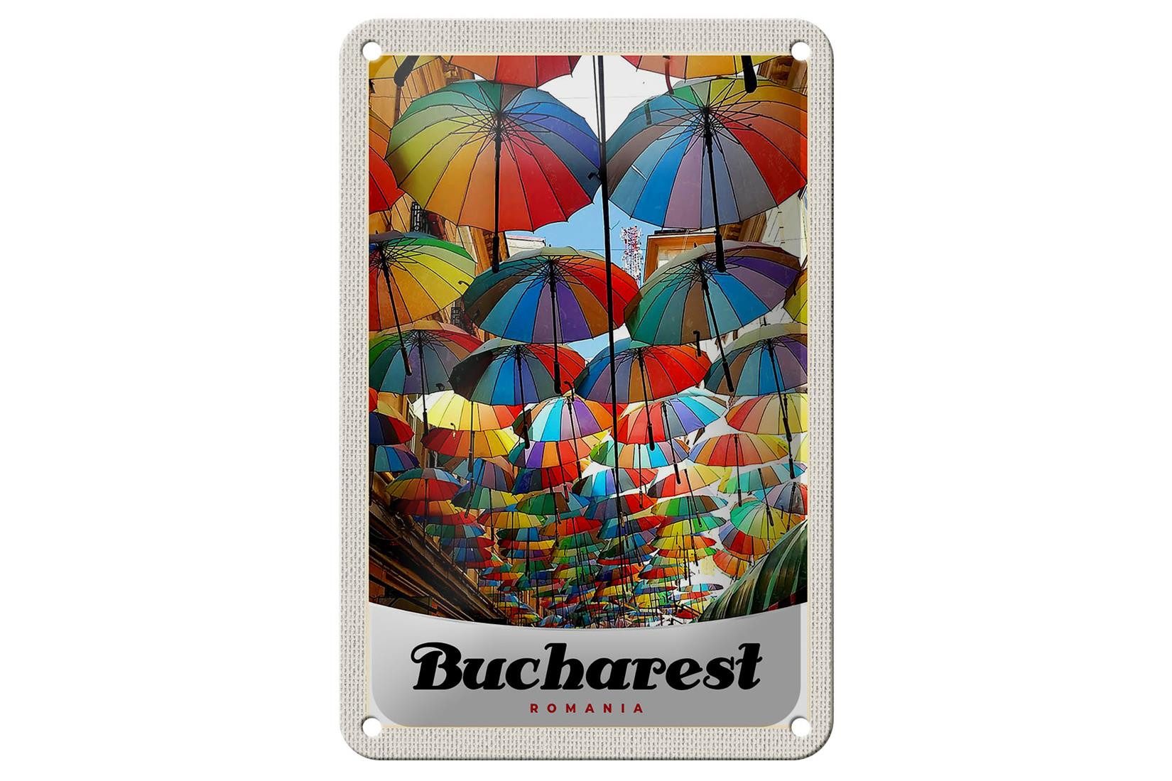Femer GmbH Metallschild Reise 12x18cm Bukarest Rumänien Regenschirm bunt Schild, (1 St), gewölbte Oberfläche, abgerundete Ecken, umgeschlagene Kanten