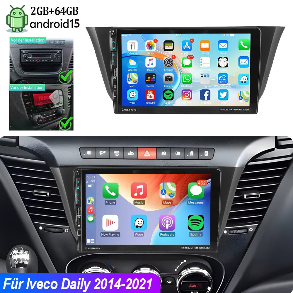 ESSGOO DAB+ Autoradio Android15 Für Iveco Daily 2014-21 Carplay GPS Navi USB Autoradio (RDS, 4+64GB(optional), FM, USB und Type-C, AM, DAB+ (optional), Carplay Android Auto Bluetooth EQ USB GPS Navi WIFI Touchscreen)