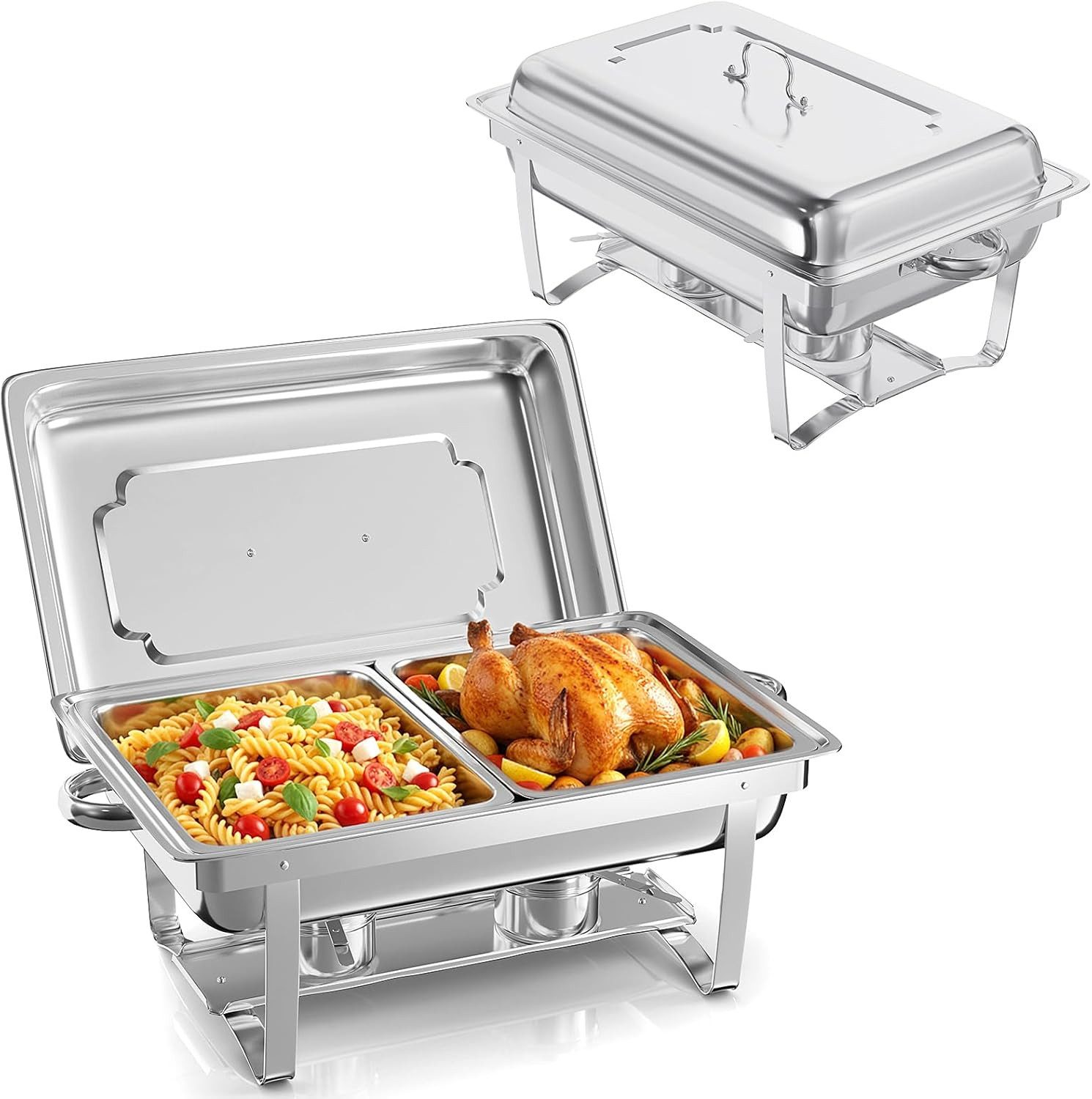 TLGREEN Speisenwärmer aus Edelstahl GN 1/1, Chafing Dish Behälter 9L, (Faltbarer Warmhaltebehälter für Buffet, 2-tlg., Verstärkte Basis & Lebensmittelechter Edelstahl), Für Catering, Hochzeit, Weihnachtsfeier, Camping & Büroparty