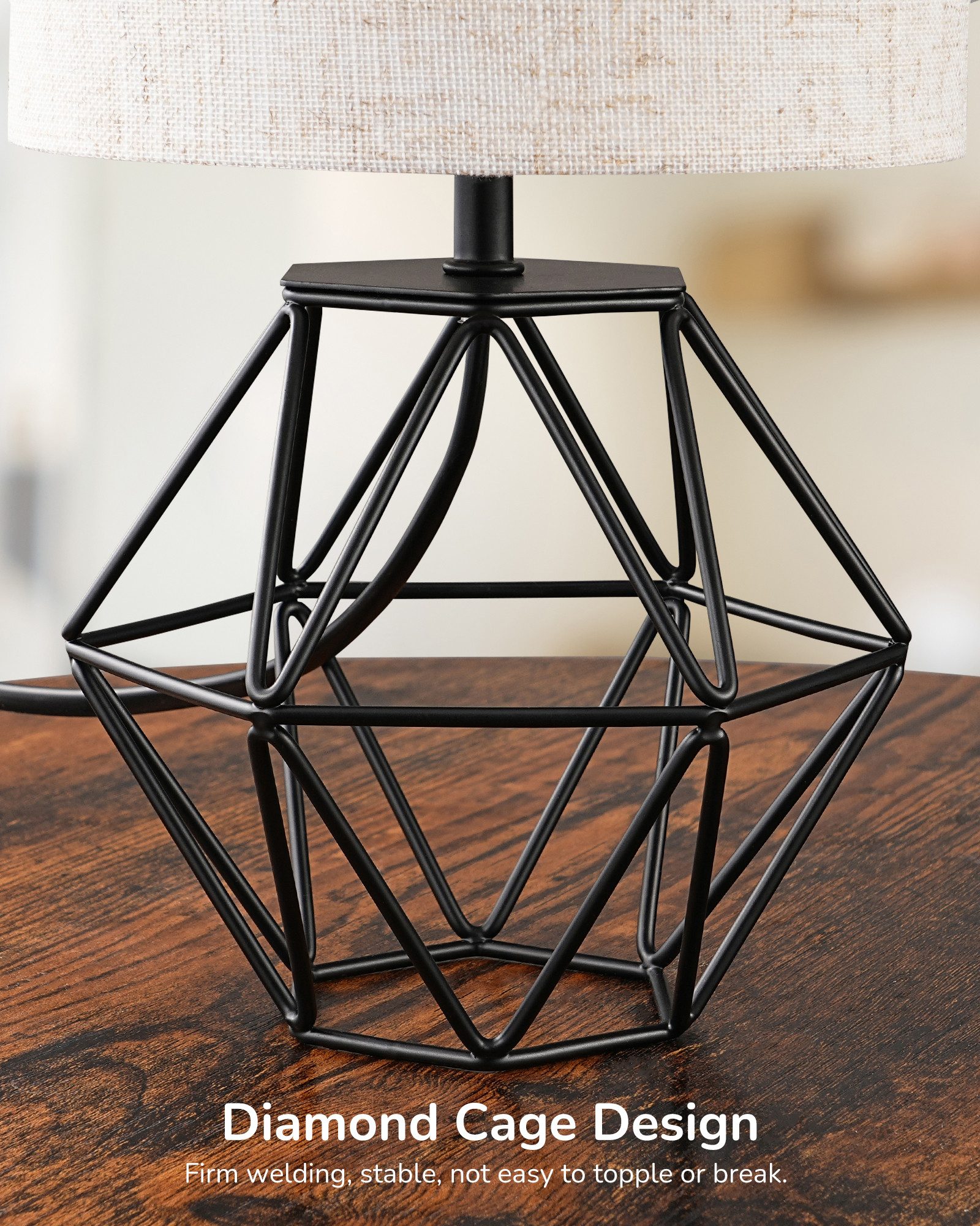 EDISHINE Nachttischlampe Moderne Tischlampe Industrial, LED wechselbar, 2700 K Warmweiß, Vintage Tischleuchte mit schwarzem Fuß und E14 Leuchtmittel