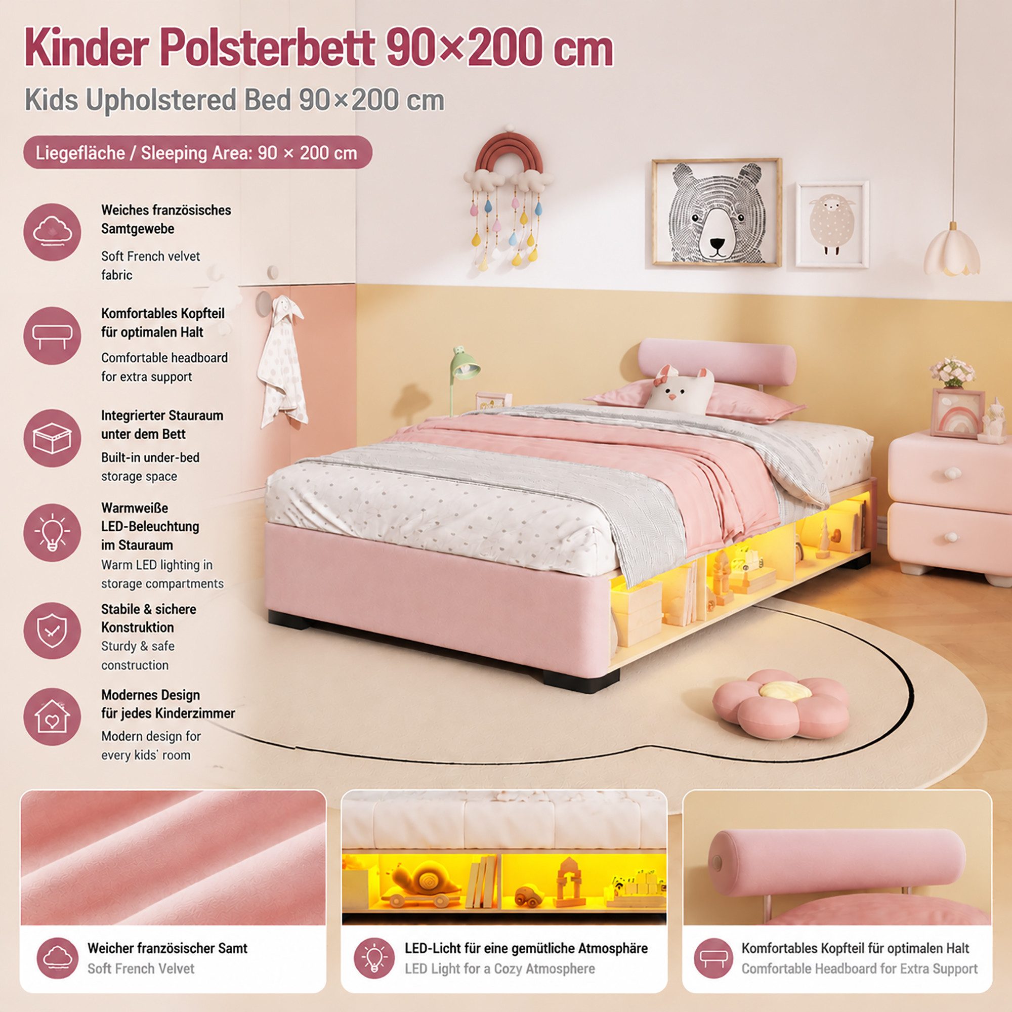 i@home Kinderbett Polsterbett niedriges mit Seitenregal offenem Stauraum (1-tlg., Kopfstütze auf 3 Seiten montierbar), gepolstertes Bett Kinderzimmer ohne Matratze, Rosa 90x200cm