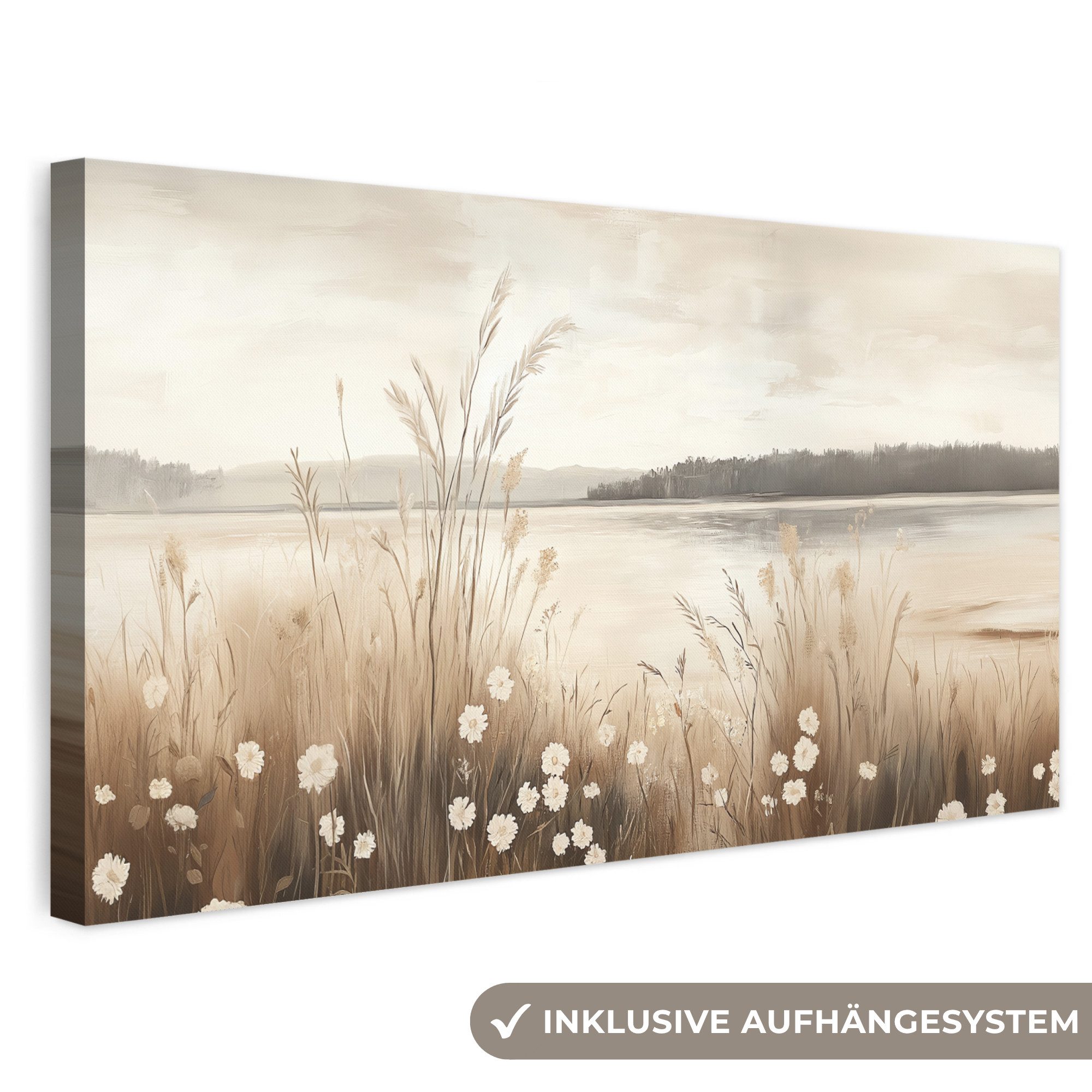 OneMillionCanvasses® Leinwandbild Panorama See - Wasser - Natur - Beige, Fotodruck (1 St), Wandbild, Deko Schlafzimmer Wohnzimmer Flur 40x20 cm