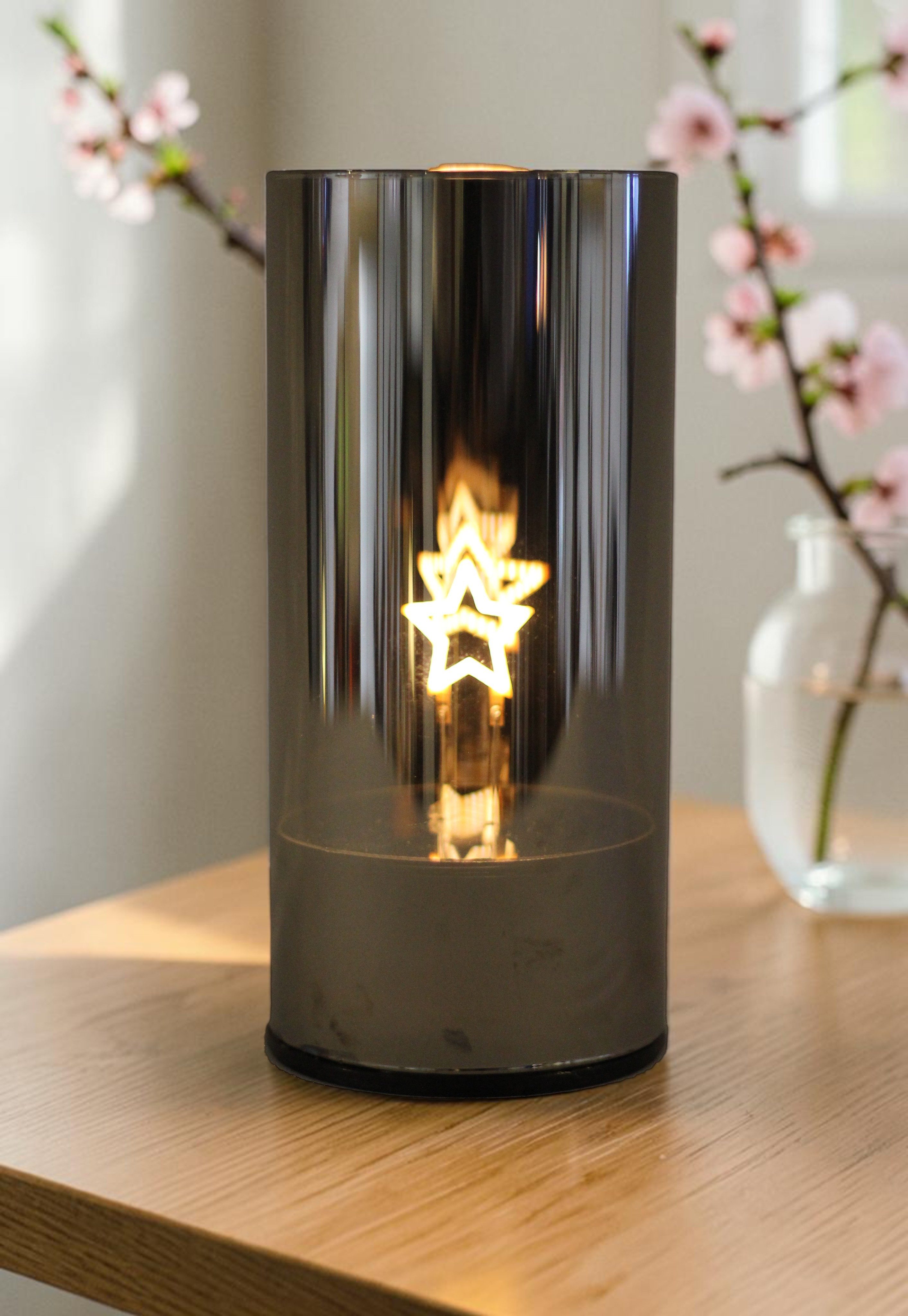 OTTO home LED Tischleuchte Spiegelglas Licht IRELLA rotierendes Motiv, LED fest integriert, 9x9cm, H. 19,5 cm. Batteriebetrieb (3 AA) mit Timer – Bild 2 von 4