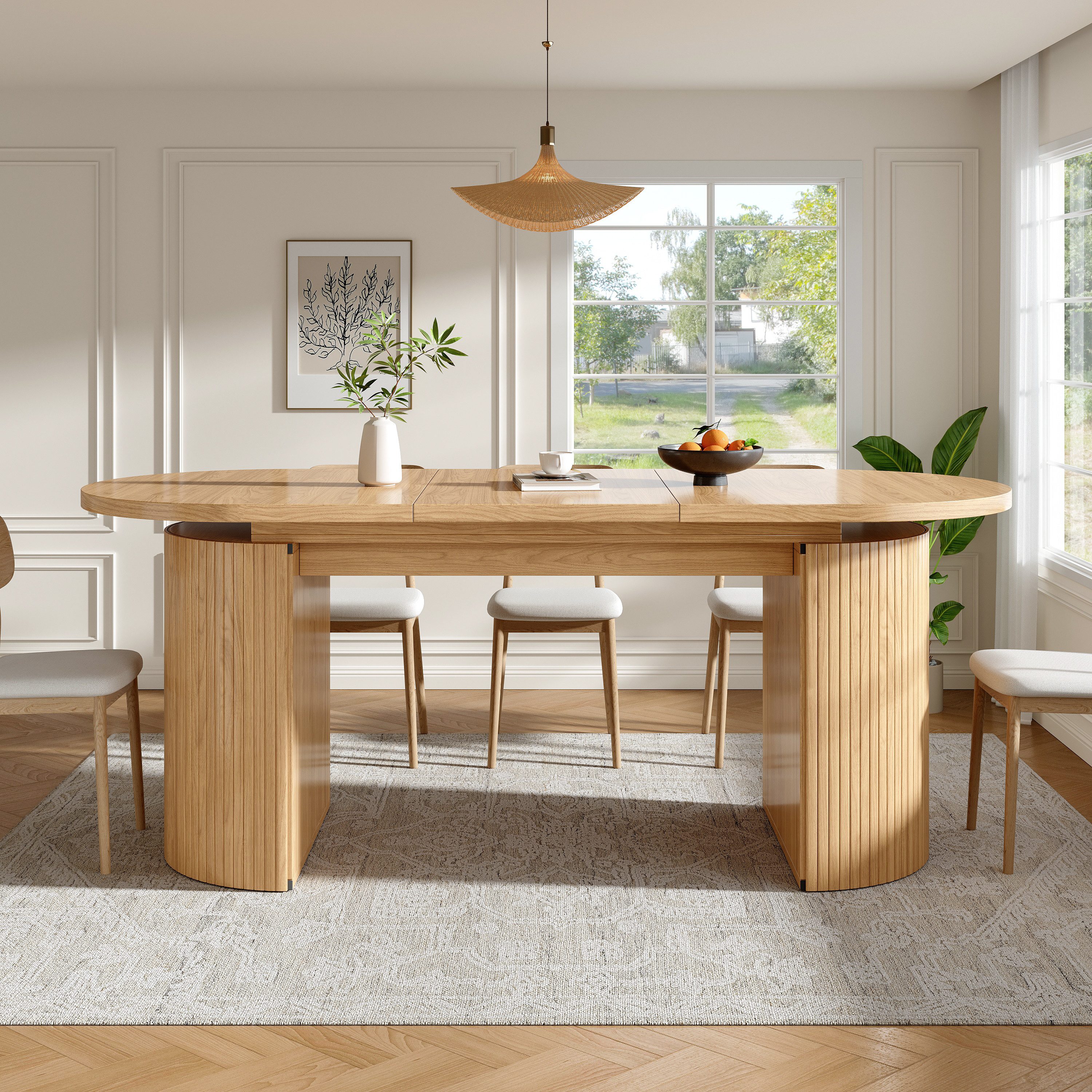 Flieks Esstisch ovaler Küchentisch mit ausziehbarer Tischplatten in Holzoptik (Länge 120-160/T80/H76 cm, 1-St., 1 Tisch), erweiterbarer Esszimmertisch mit versteckter Stauraum Bürotisch Natur