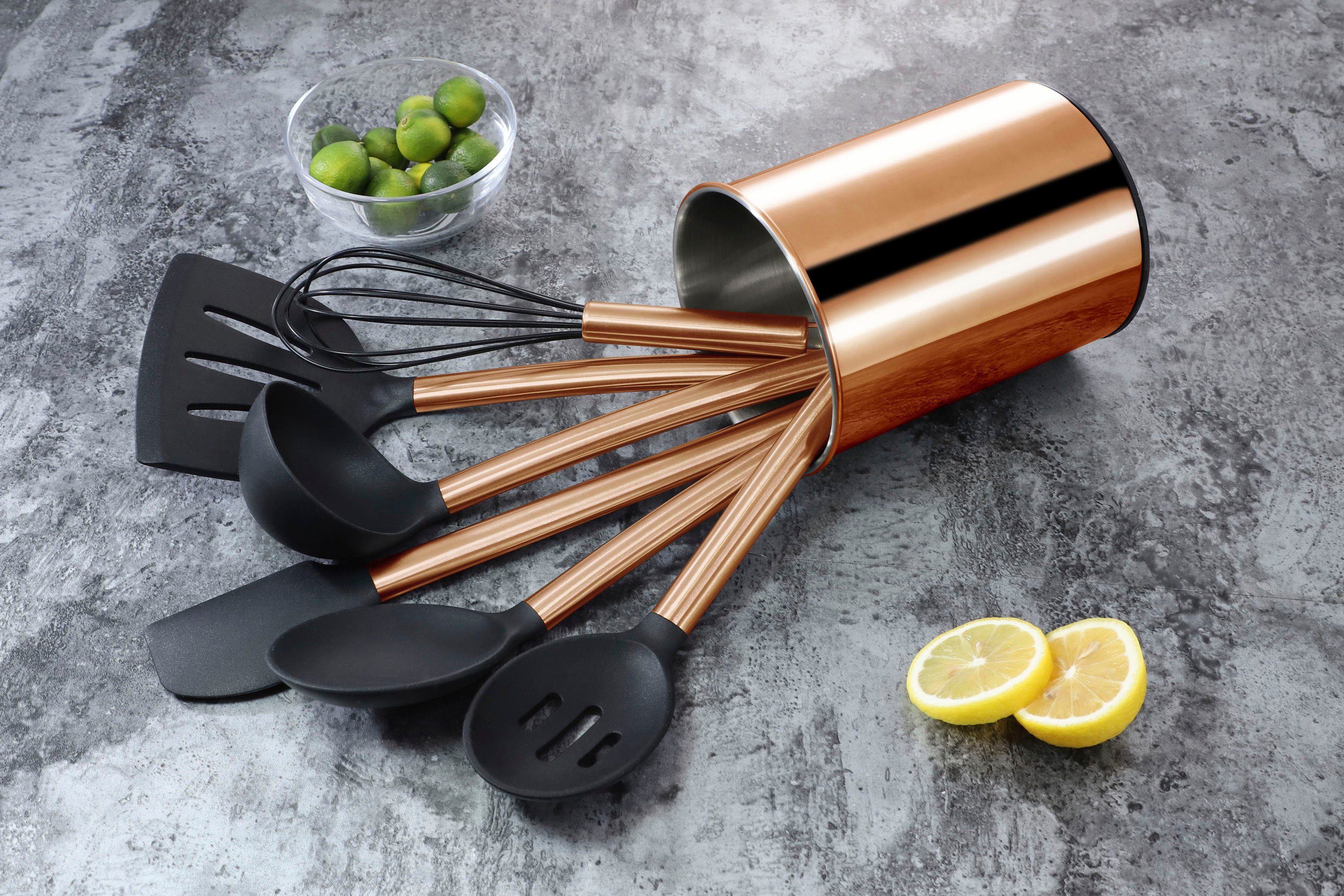 ECHTWERK Küchenorganizer-Set, (Set, 7-tlg), Kochbesteck mit Edelstahlgriff, Antihaft-Silikon, mit Utensilienhalter