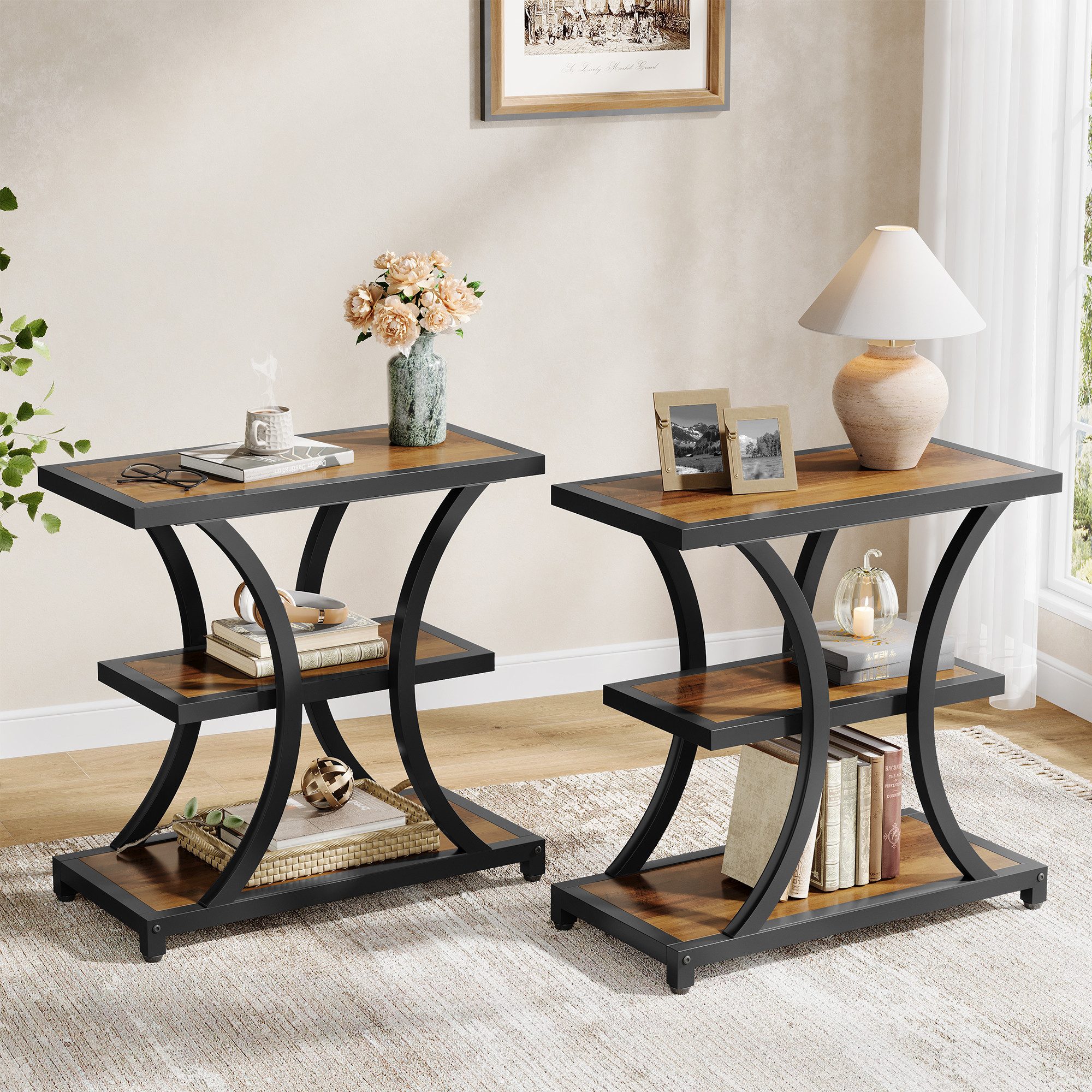 Tribesigns Beistelltisch mit Stauraum, 3-stufiger Sofatisch mit geometrischem Metalldesign