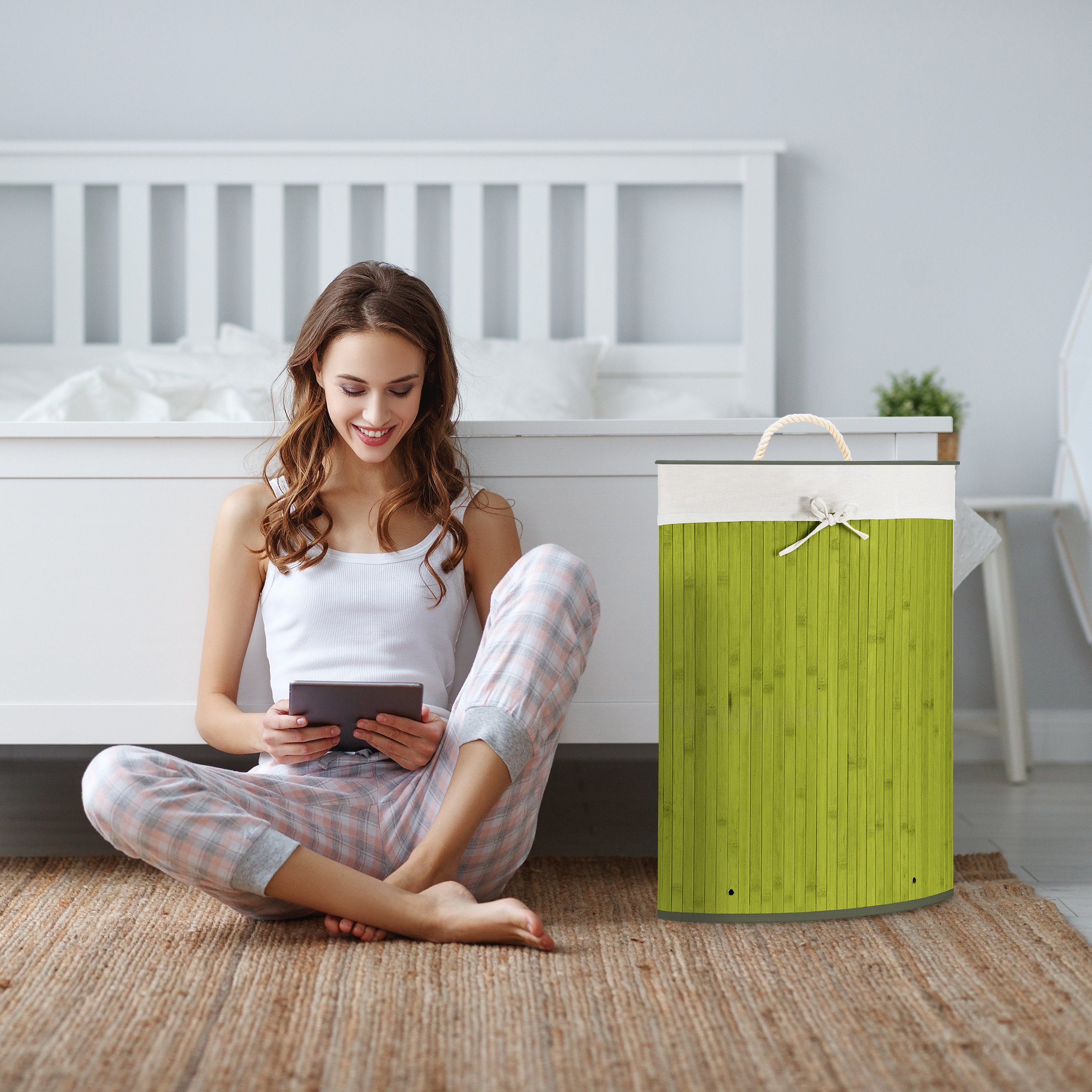 relaxdays Wäschekorb Eckwäschekorb Bambus, weiß günstig online kaufen