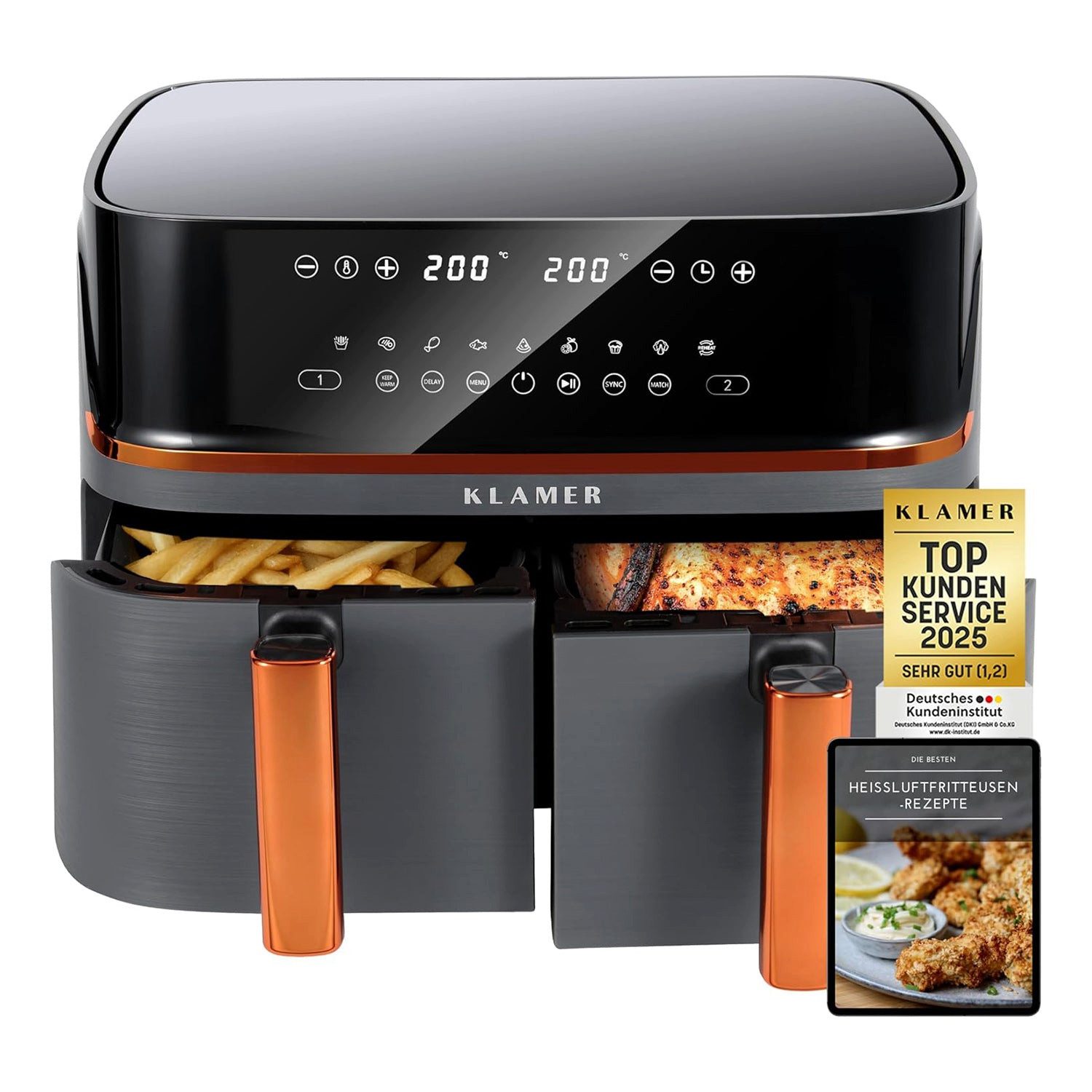 KLAMER Heißluftfritteuse Heißluftfritteuse Duo 9 L – Doppelkammer Airfryer mit 2 Körben, 3000 W, Zwei separate Fächer, Smart-Funktionen, Mehrere Programme & Steuerung