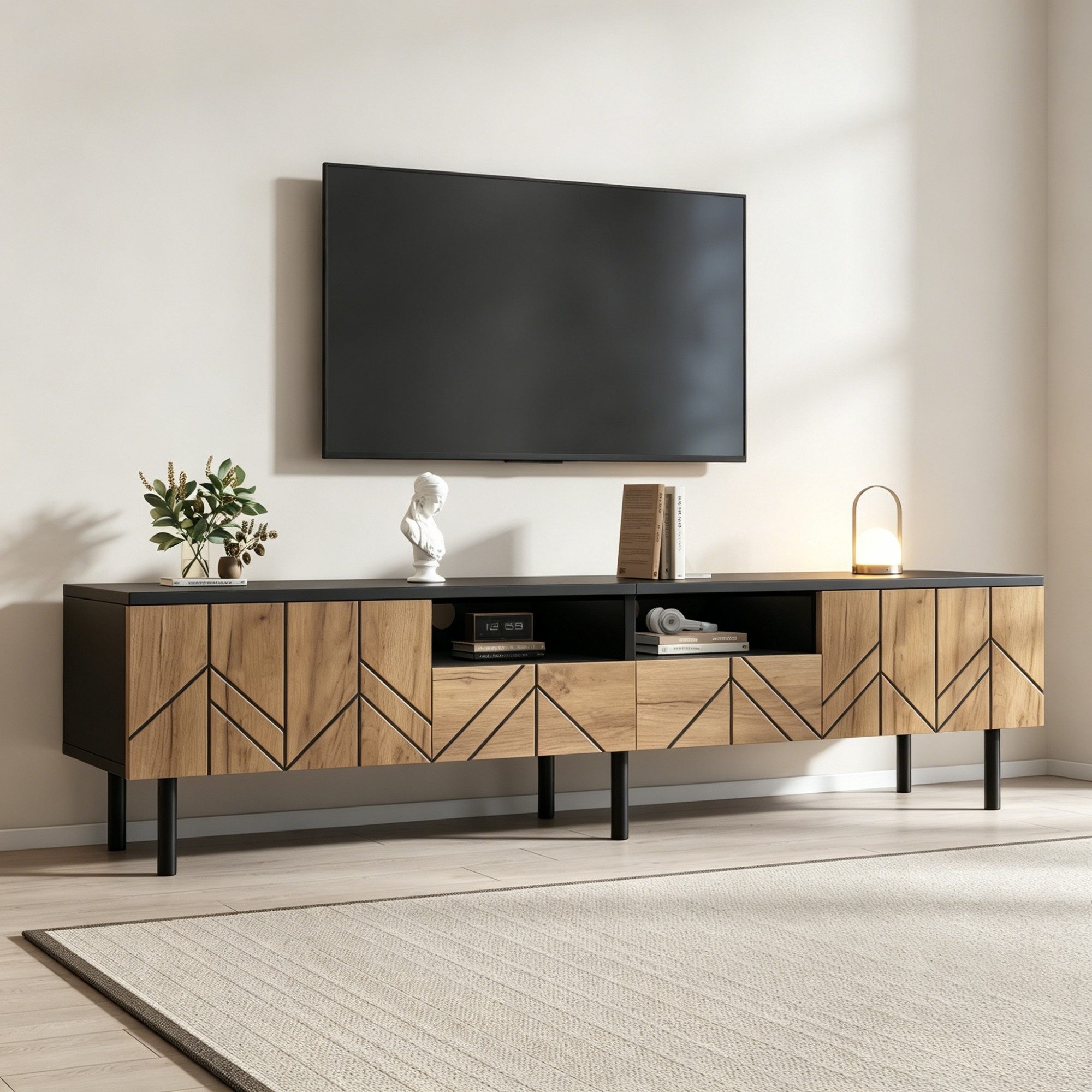 TV-Schrank Lowboard, Fernsehtisch mit 2 Türen, 2 Schubladen und offenem Stauraum