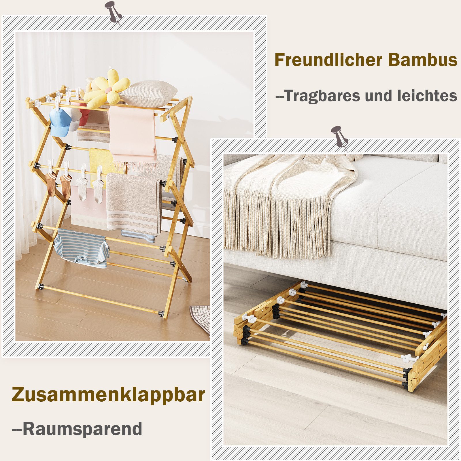 OUNUO Wäscheständer Klappbar aus Bambus einfacher Aufbau Platzsparend Handtuchhalter