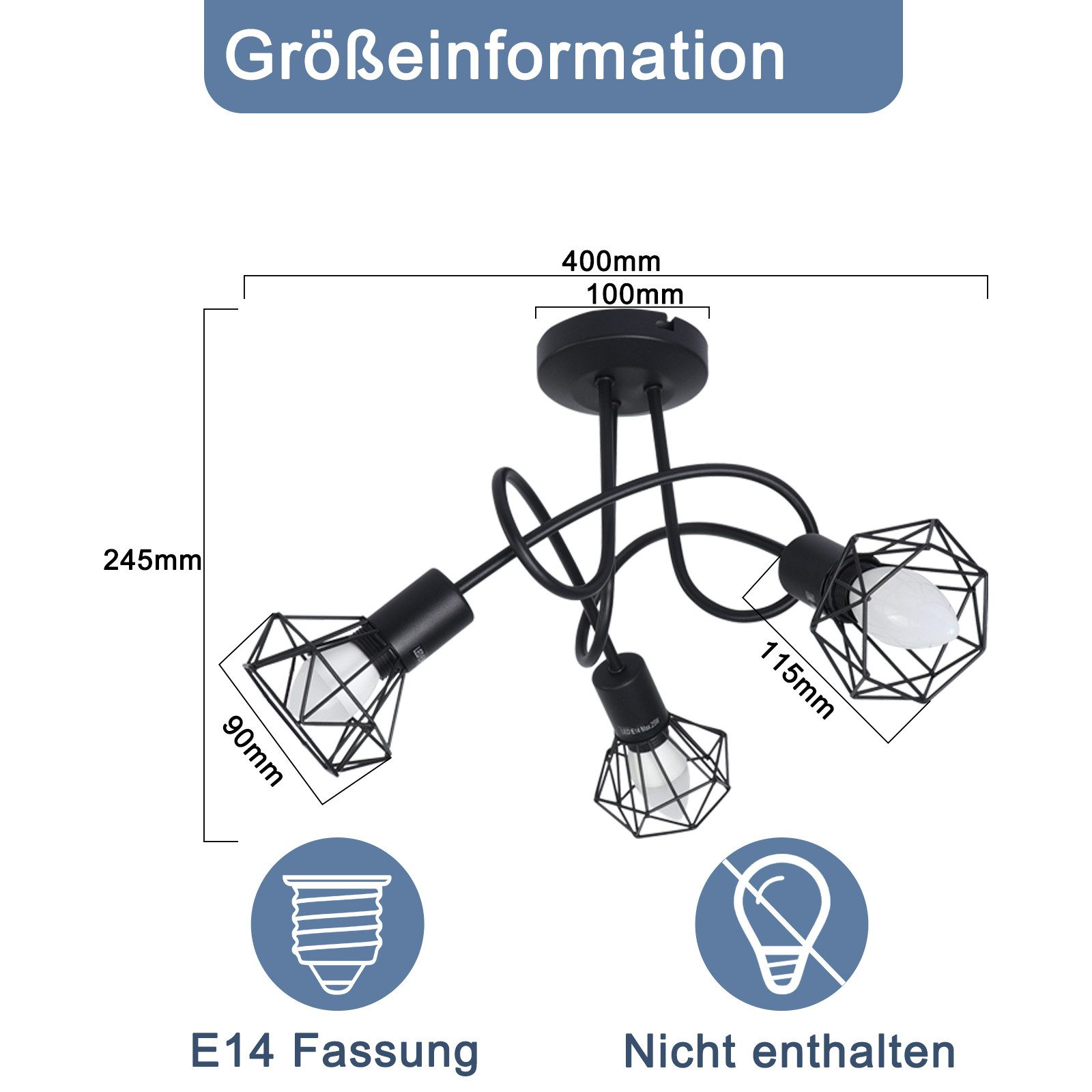 Nettlife Deckenstrahler 3-flammig schwarz vintage Deckenleuchte E14 Industrial Spotlampe, ohne Leuchtmittel