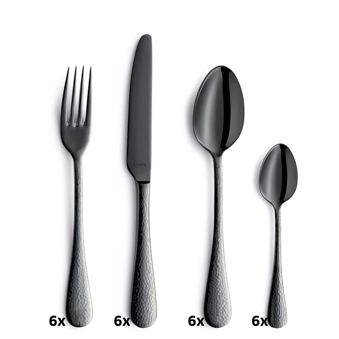 Amefa Besteck-Set SIERRA (24-tlg), 6 Personen, Edelstahl Rostfrei 18/10, Handreinigung empfohlen, schwarzfarbender PVD Veredelung, gehämmert