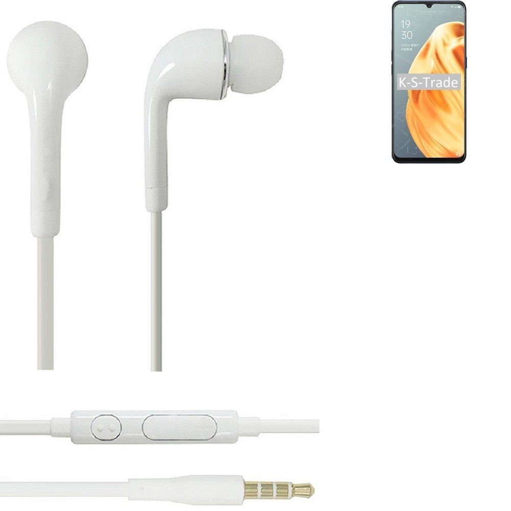 K-S-Trade für Oppo A91 In-Ear-Kopfhörer (Kopfhörer Headset mit Mikrofon u Lautstärkeregler weiß 3,5mm)