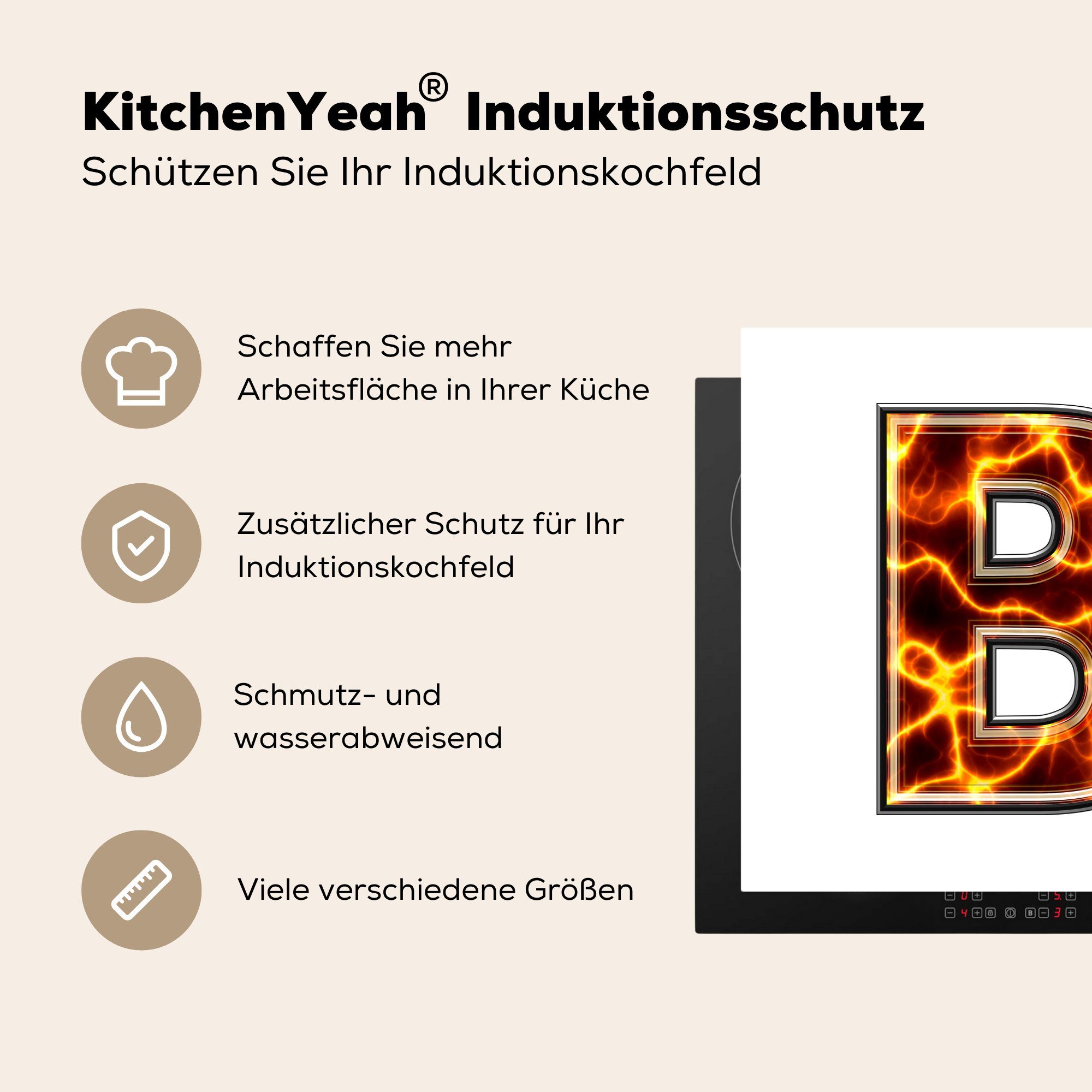 küche Arbeitsplatte cm, Herdblende-/Abdeckplatte für B Flammen, Vinyl, mit 78x78 Ceranfeldabdeckung, tlg), Buchstabe MuchoWow (1