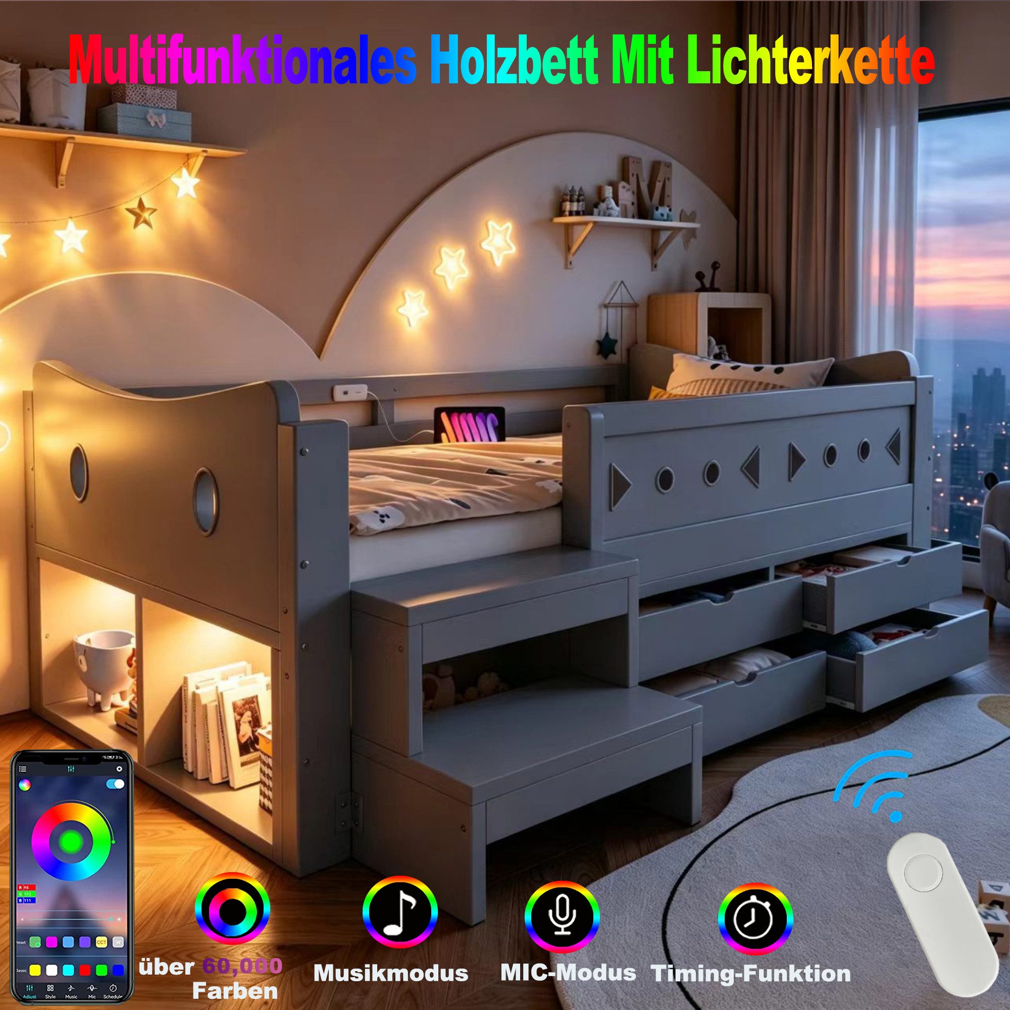 Merax Kinderbett 90×200cm mit LED-Beleuchtung und USB- & Typ-C-Anschluss (1-tlg., Einzelbett Hausbett aus Kiefernholz), Jugendbett mit 4 Schubladen, Sicherheits – Bild 4 von 5