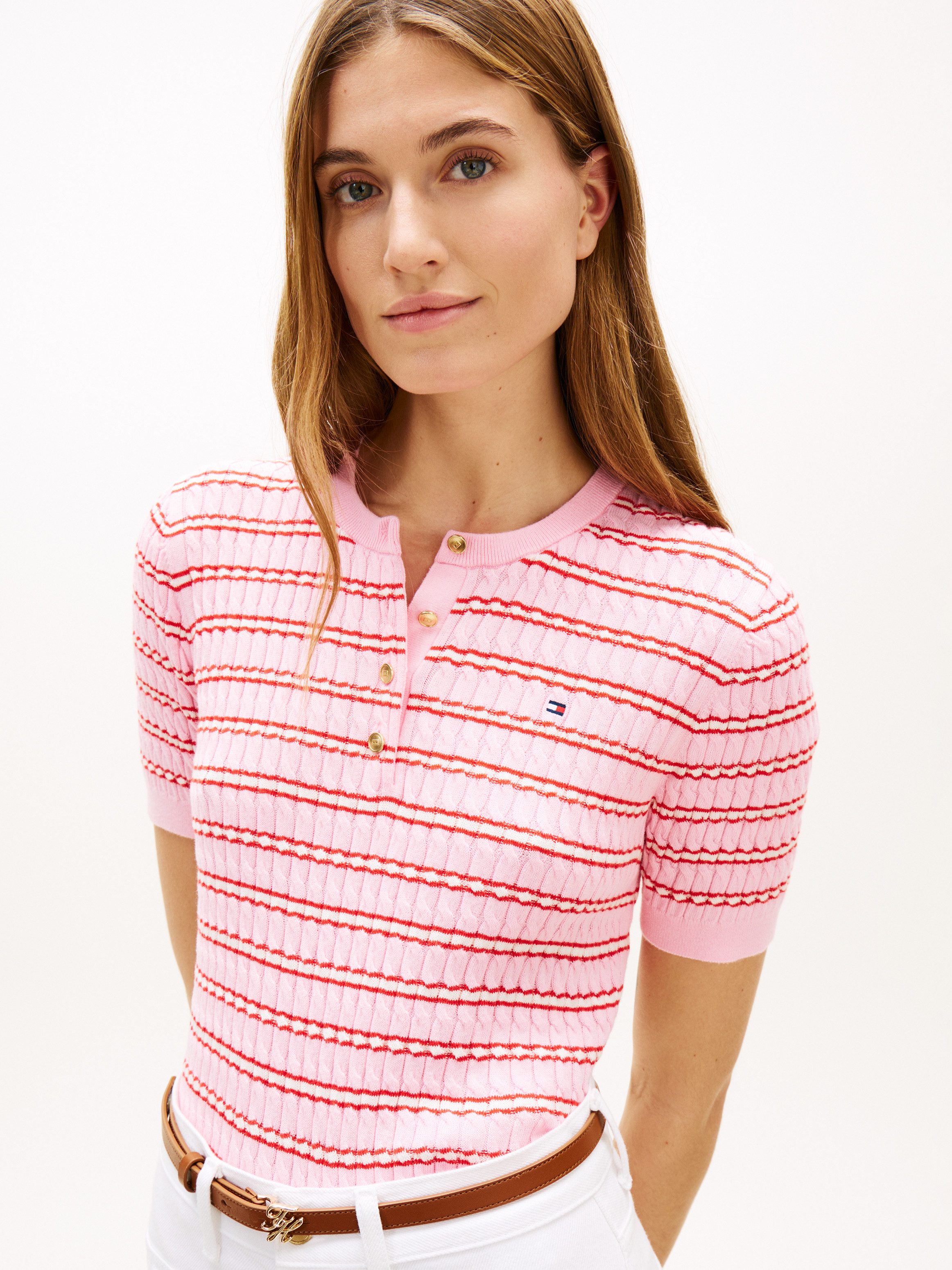Tommy Hilfiger Strickpullover CO CABLE FINE GG SS HENLEY mit Zopfmuster