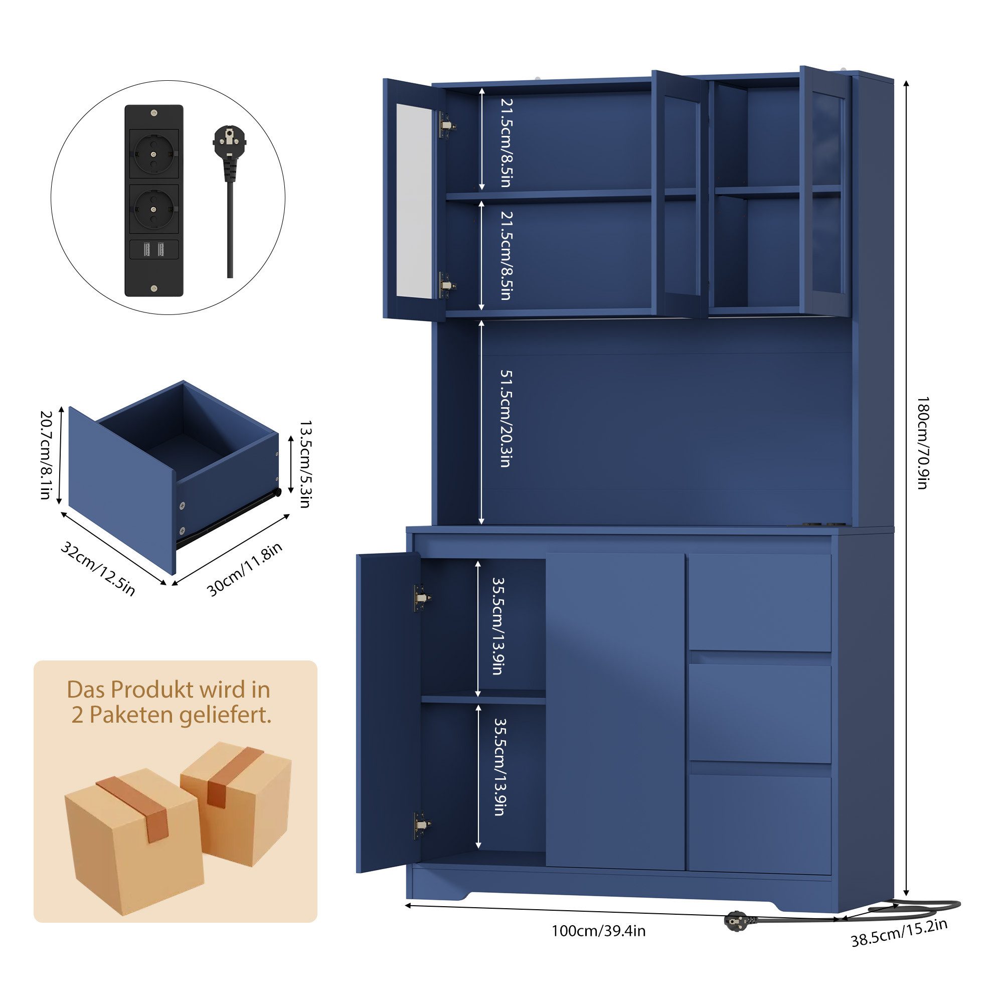 Homfa Küchenbuffet Küchenschrank Buffetschrank mit LED Sideboard blau mit Steckdosenleiste & Arbeitsplatte 180x100x38,5cm – Bild 3 von 5