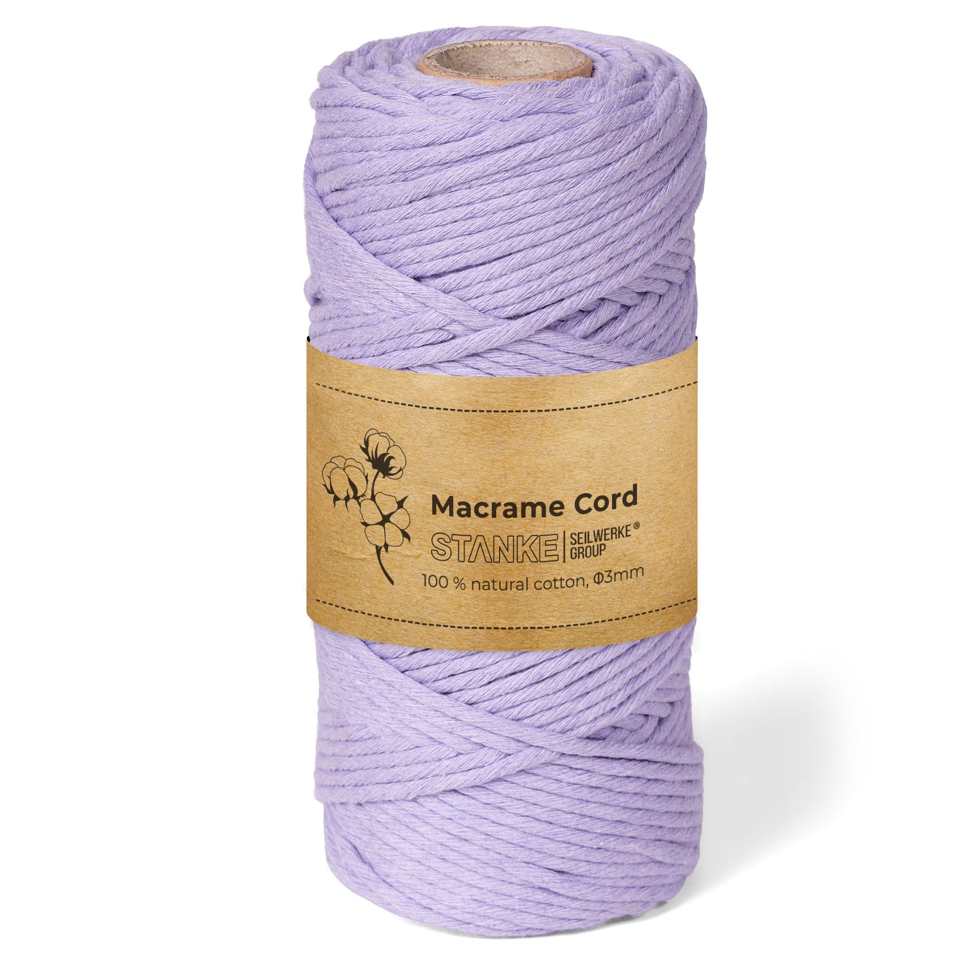 STANKE Makramee Garn 3mm 100 m Farbe Lila- Baumwollgarn für Boho Bastelgarn, 100 m (100m Rolle, 1-St., 100m Rolle), DIY, Körbchen, Traumfänger für Untersetzer, Taschen 100% Baumwolle