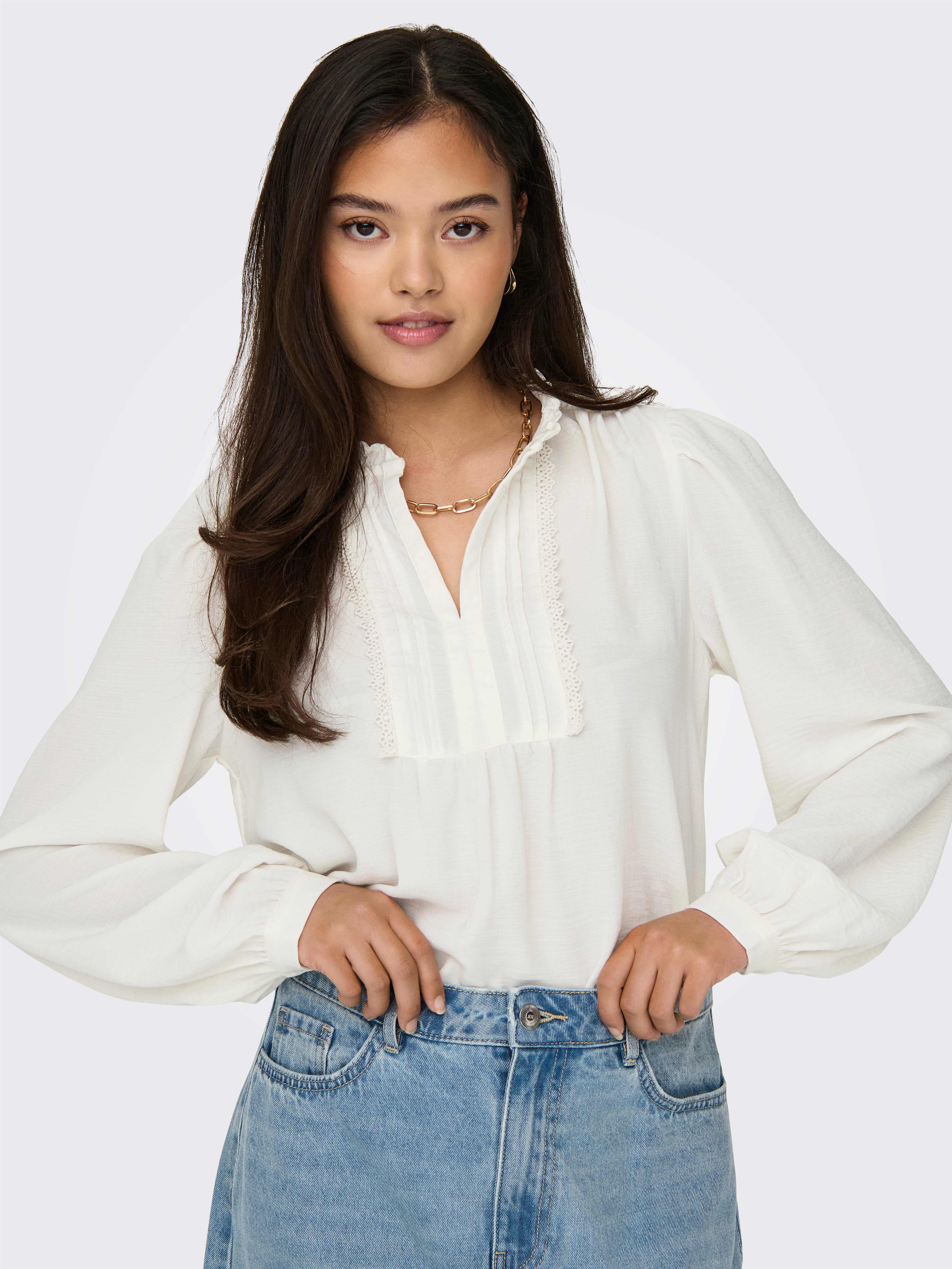 JDY Langarmbluse JDYRACHEL LIFE L/S PINTUCK TOP WVN NOOS im romantischen Look mit Spitzenbordüre