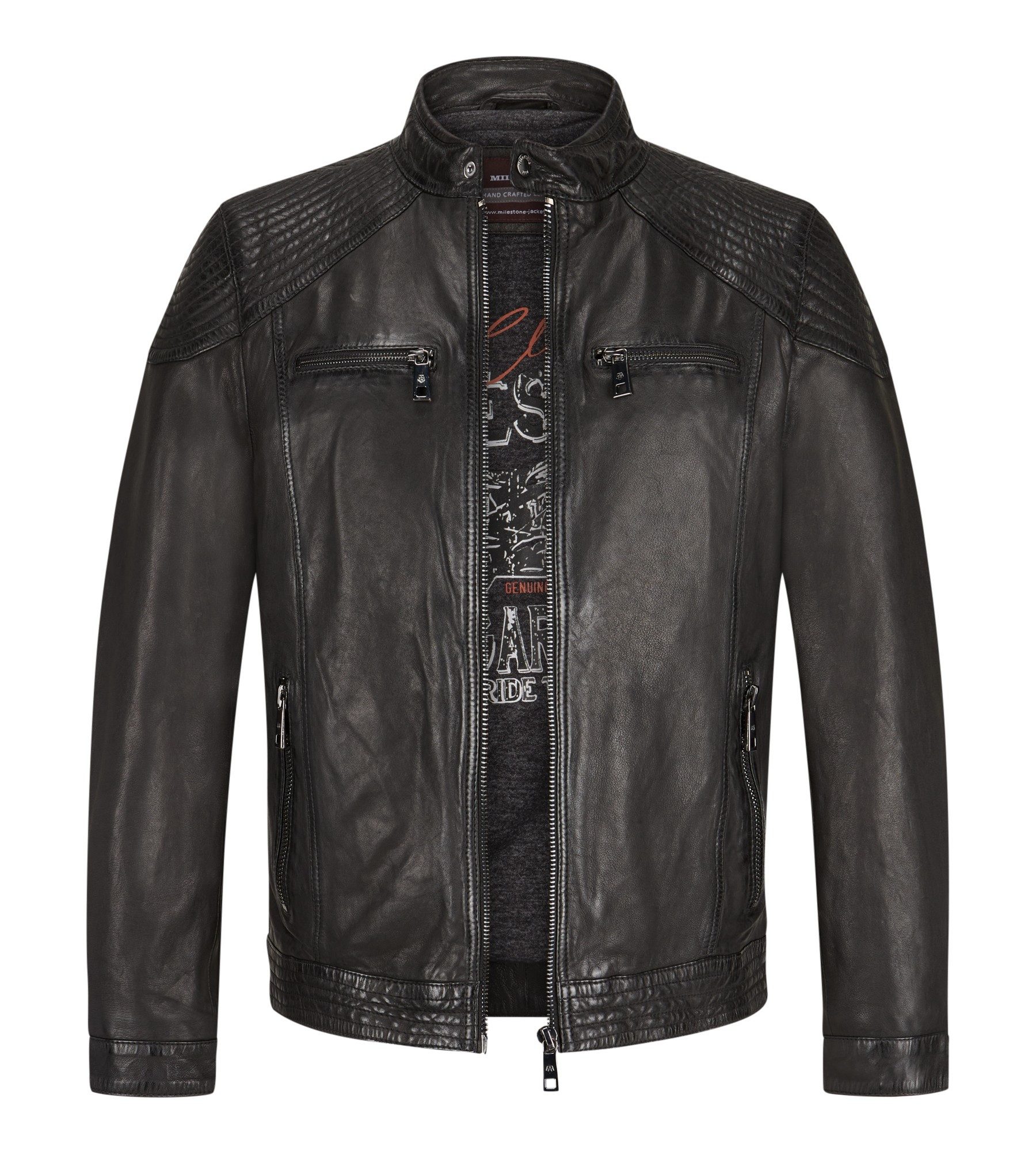 Milestone Lederjacke MSParker Klassische Herren Bikerjacke mit Steppdetails aus Lammnappa