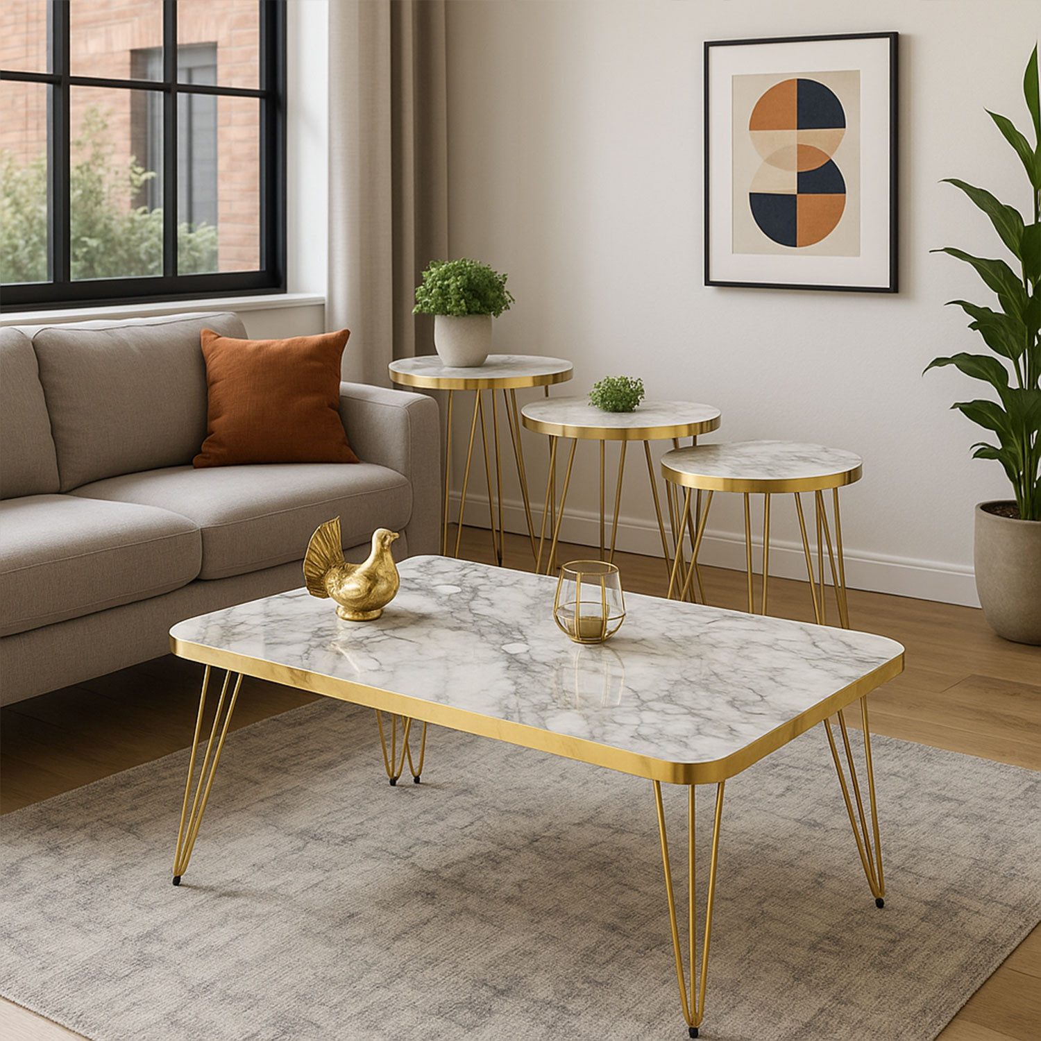 Jungengel Couchtisch Marmor 4-Teilig Beistelltisch Wohnzimmer Tisch Goldges günstig online kaufen